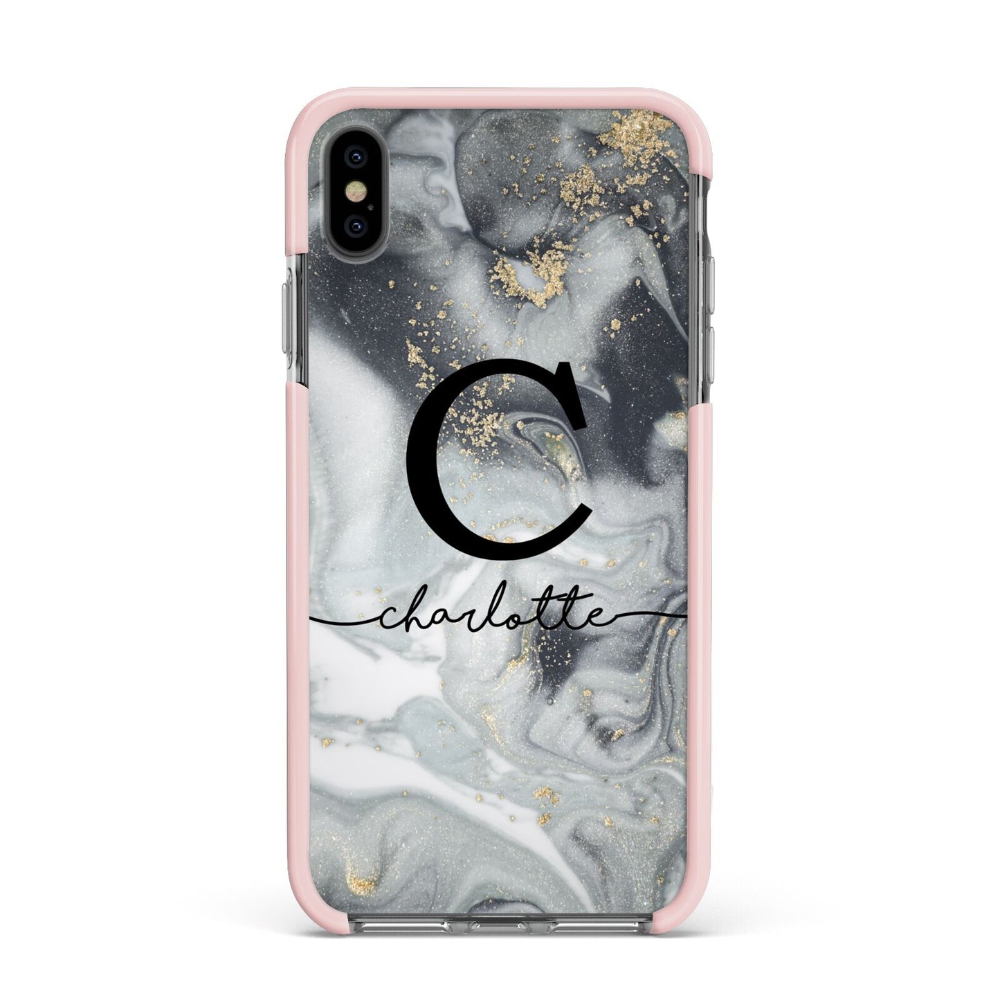 Personalised Black Swirl Marble Text Apple iPhone Xs Max Impact Case Pink Edge on Black Phone
