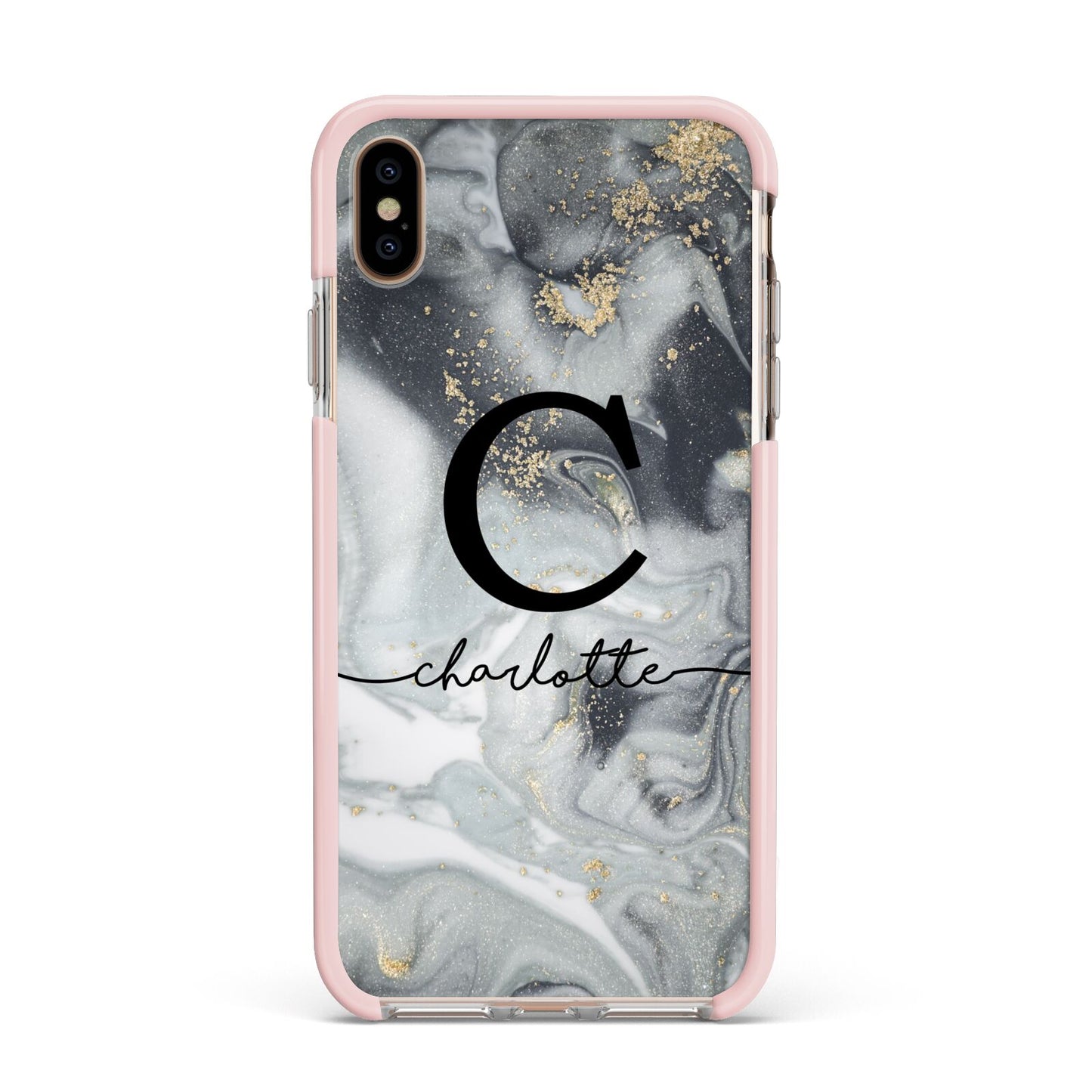 Personalised Black Swirl Marble Text Apple iPhone Xs Max Impact Case Pink Edge on Gold Phone