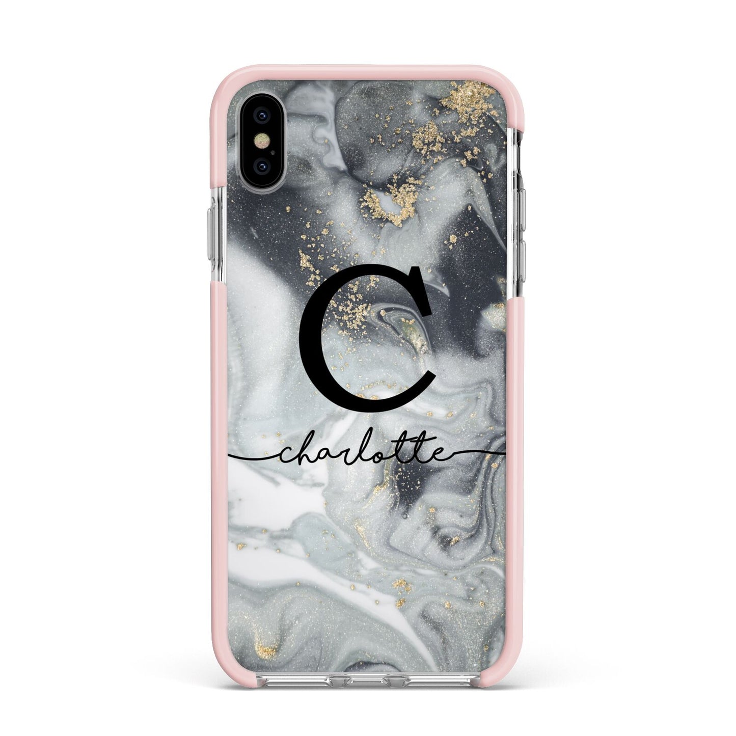 Personalised Black Swirl Marble Text Apple iPhone Xs Max Impact Case Pink Edge on Silver Phone