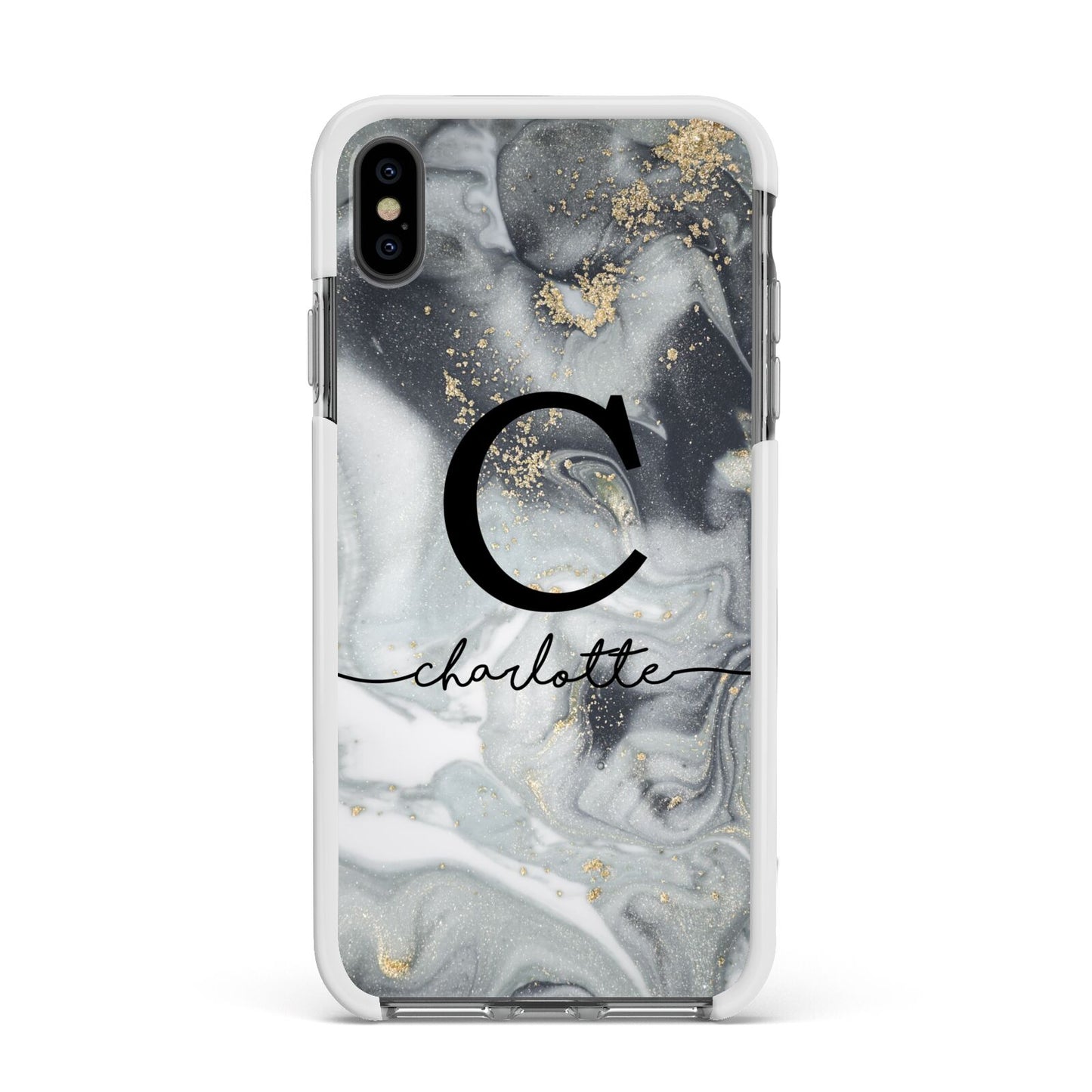 Personalised Black Swirl Marble Text Apple iPhone Xs Max Impact Case White Edge on Black Phone