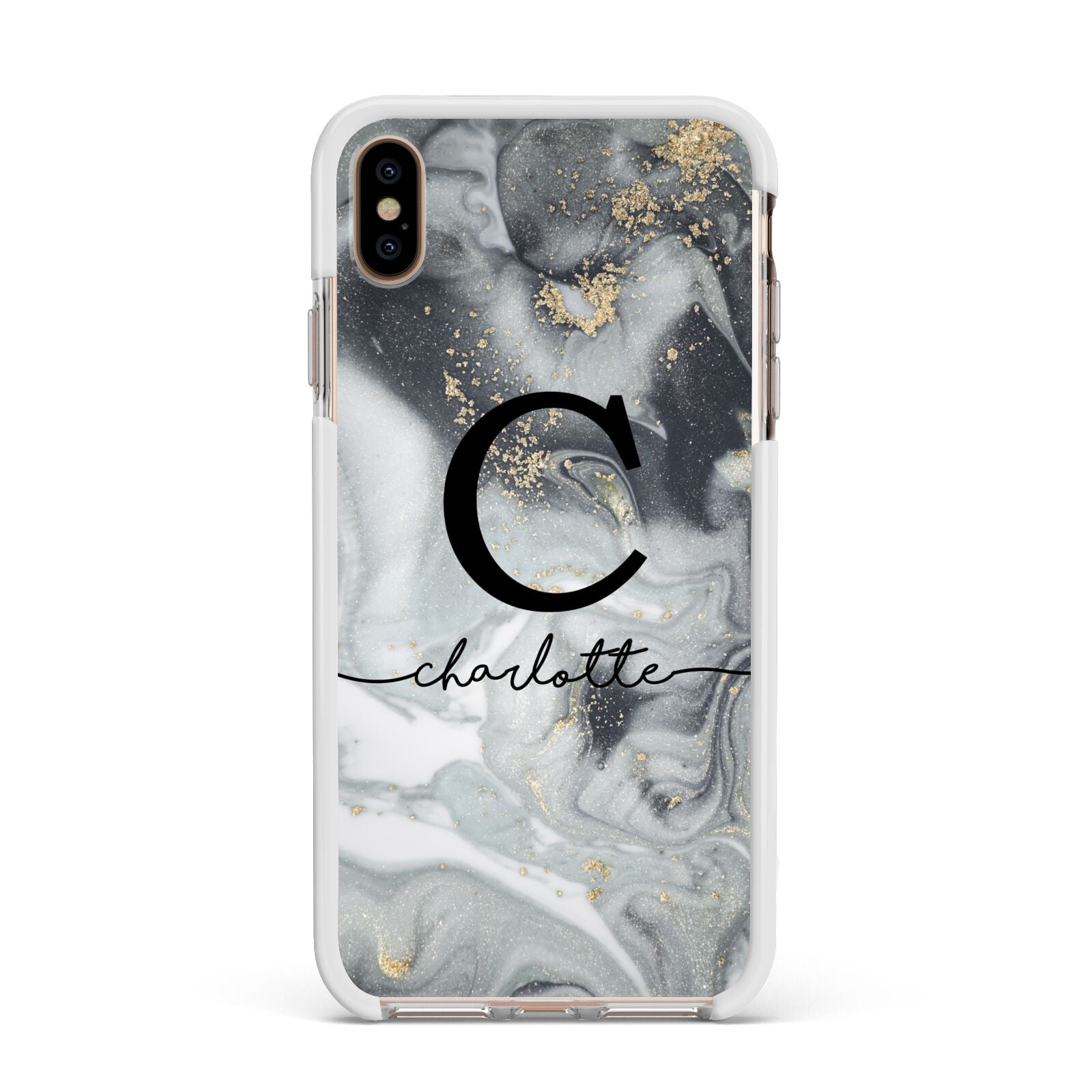 Personalised Black Swirl Marble Text Apple iPhone Xs Max Impact Case White Edge on Gold Phone