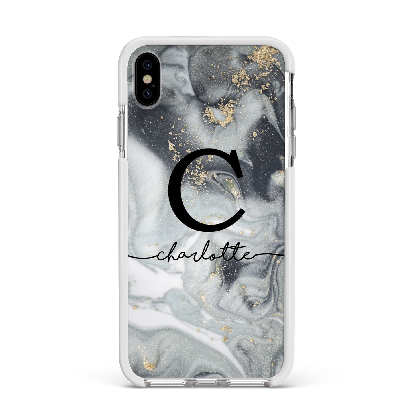 Personalised Black Swirl Marble Text Apple iPhone Xs Max Impact Case White Edge on Silver Phone