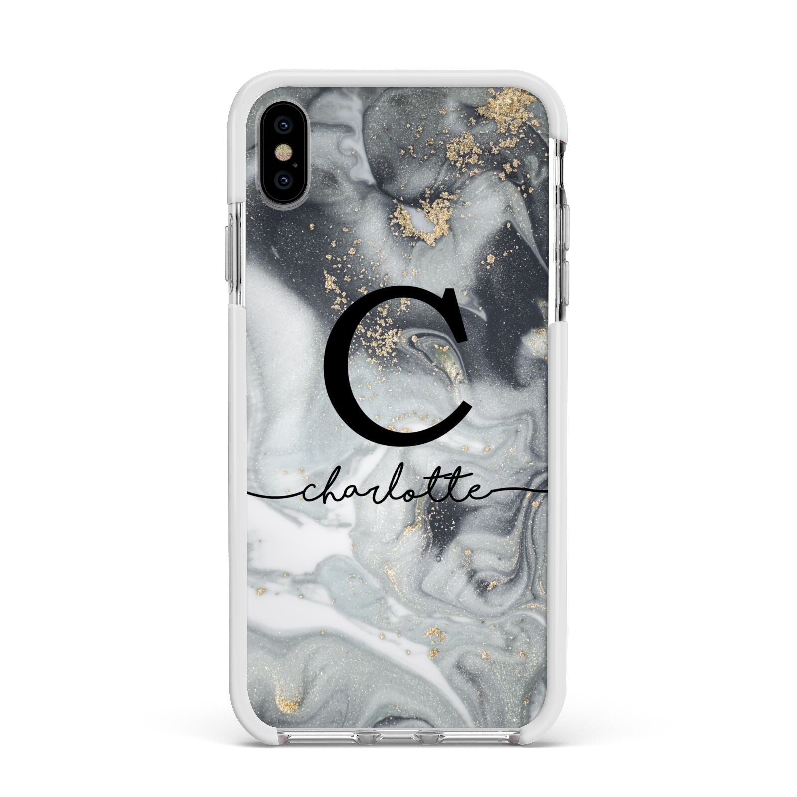 Personalised Black Swirl Marble Text Apple iPhone Xs Max Impact Case White Edge on Silver Phone