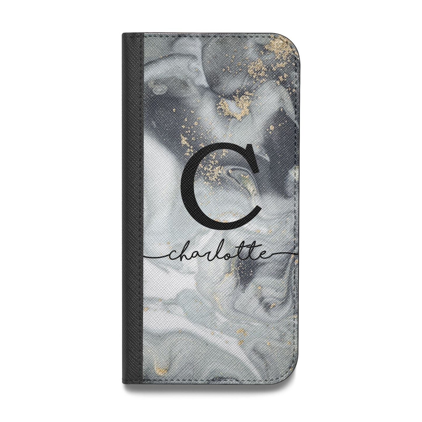 Personalised Black Swirl Marble Text Vegan Leather Flip Samsung Case