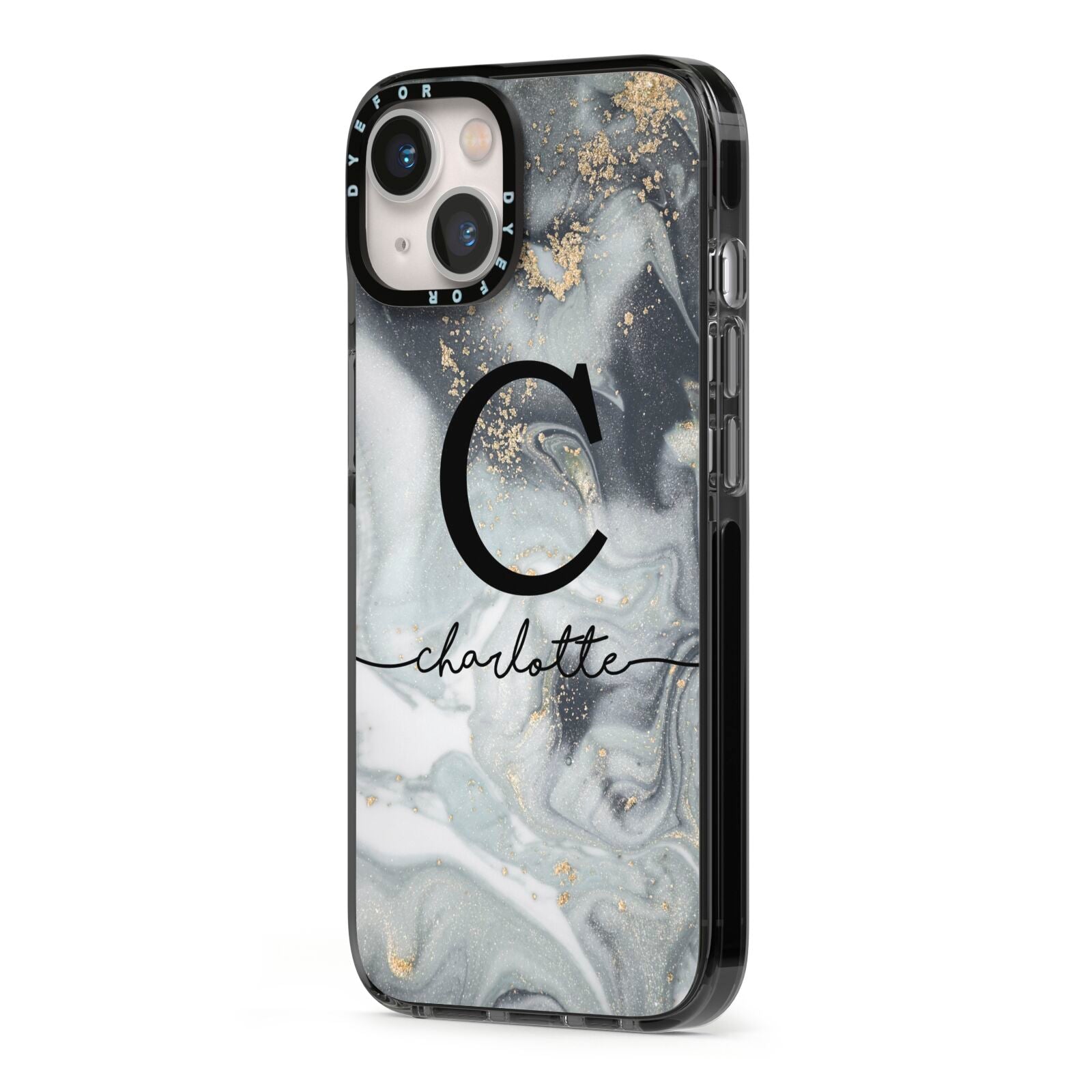 Personalised Black Swirl Marble Text iPhone 13 Black Impact Case Side Angle on Silver phone