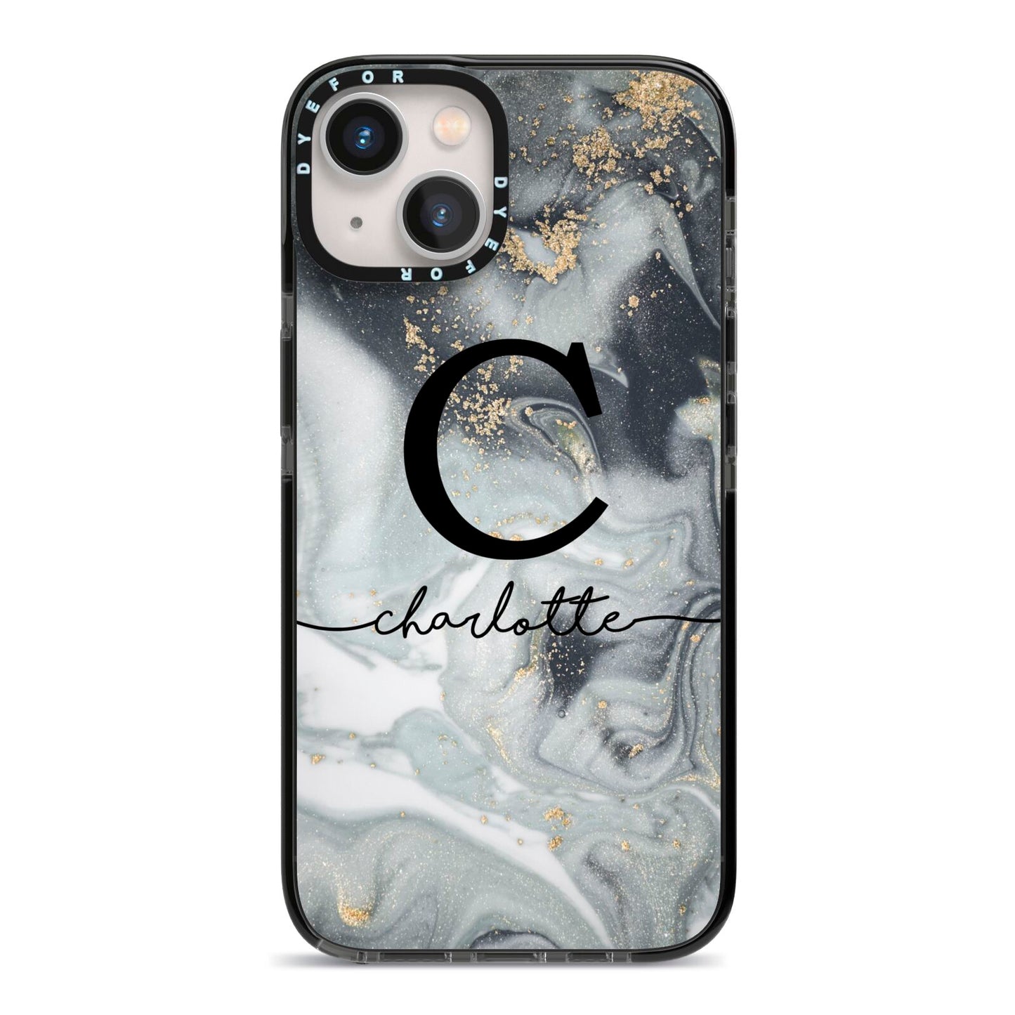 Personalised Black Swirl Marble Text iPhone 13 Black Impact Case on Silver phone