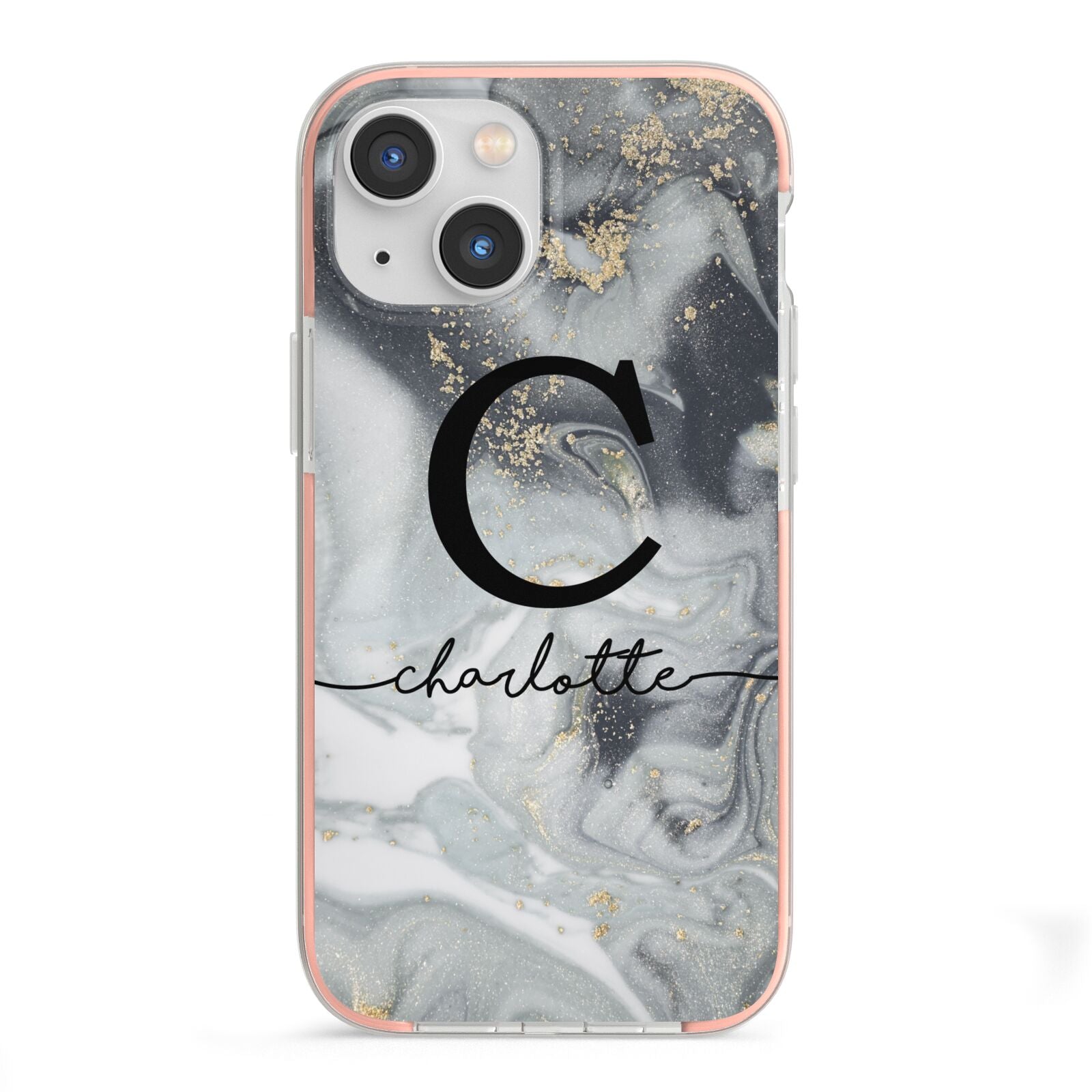 Personalised Black Swirl Marble Text iPhone 13 Mini TPU Impact Case with Pink Edges