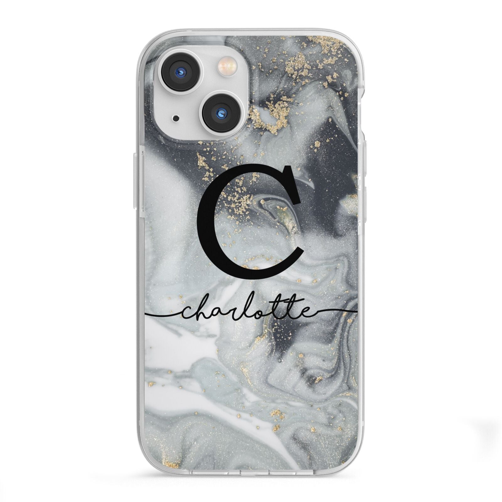 Personalised Black Swirl Marble Text iPhone 13 Mini TPU Impact Case with White Edges