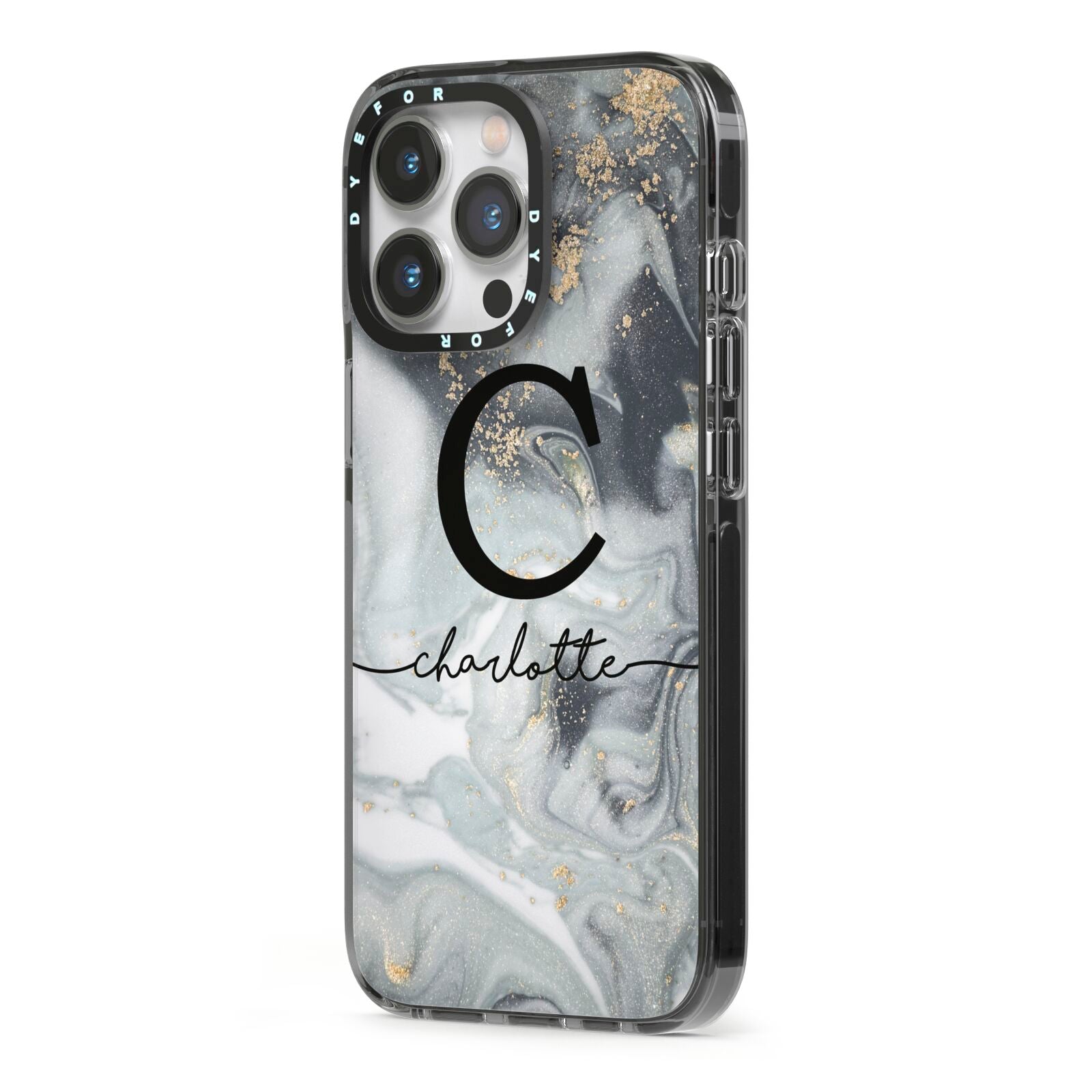 Personalised Black Swirl Marble Text iPhone 13 Pro Black Impact Case Side Angle on Silver phone
