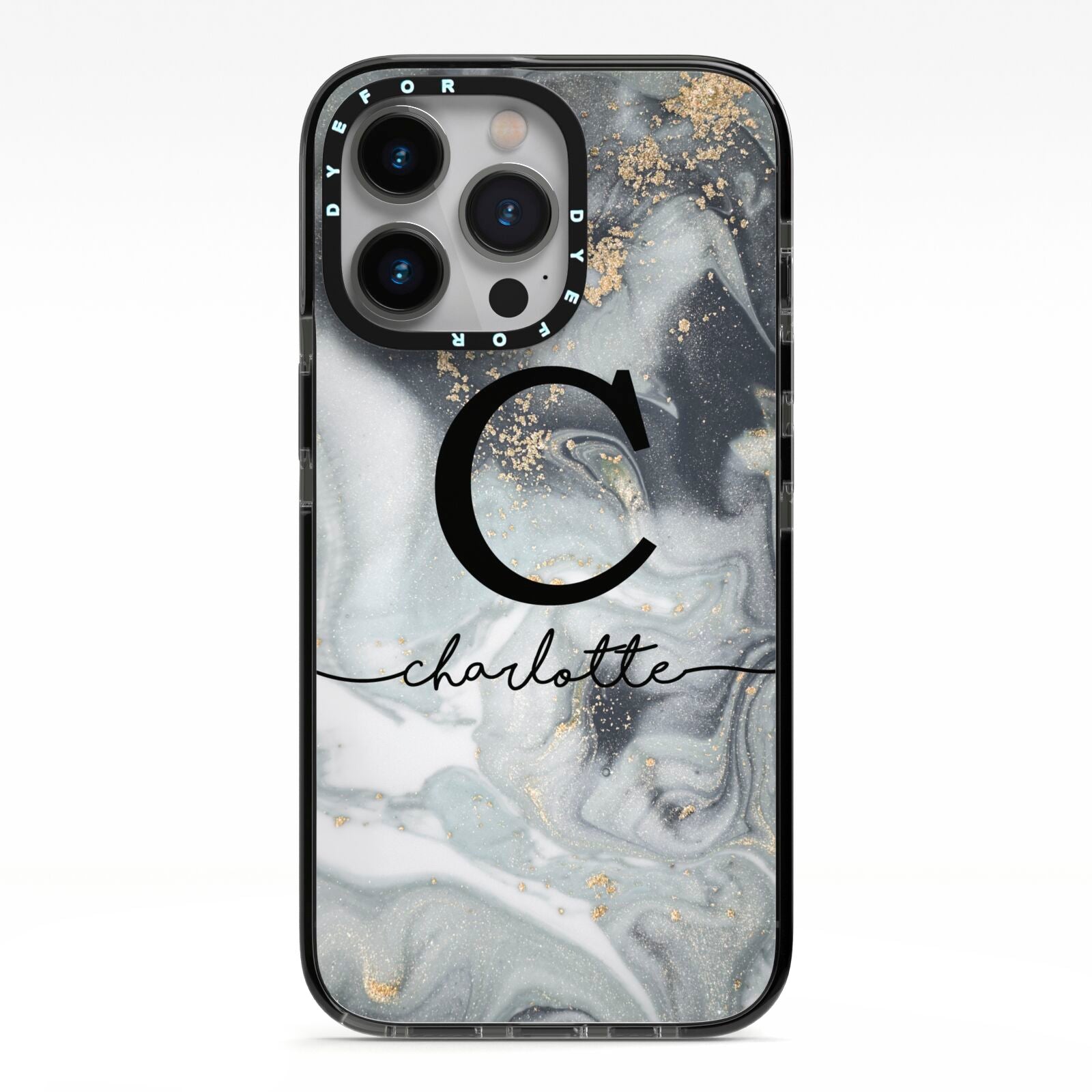 Personalised Black Swirl Marble Text iPhone 13 Pro Black Impact Case on Silver phone