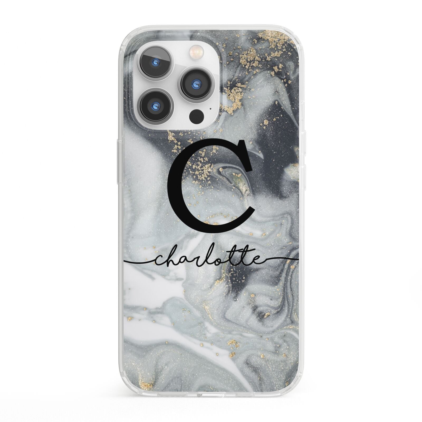 Personalised Black Swirl Marble Text iPhone 13 Pro Clear Bumper Case