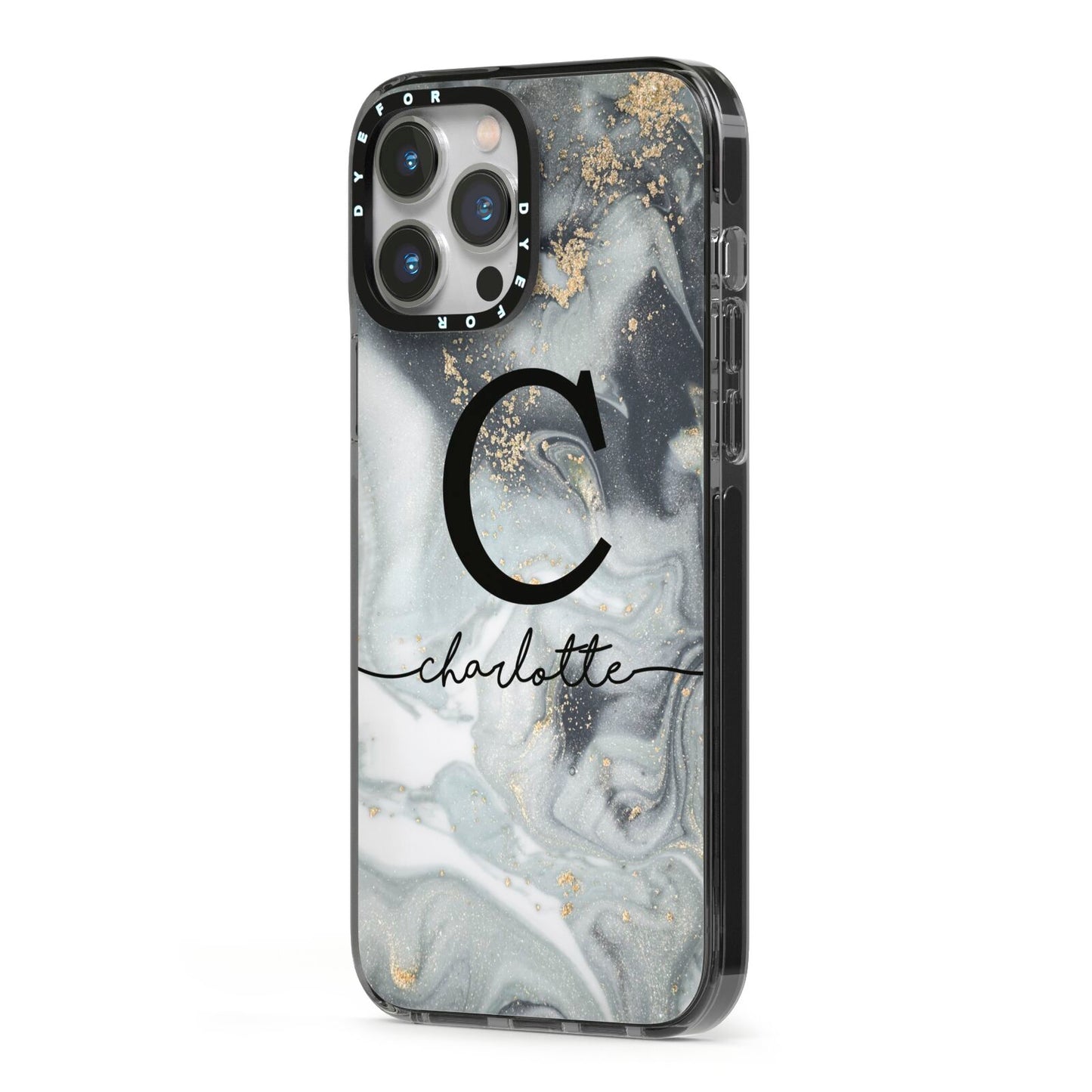 Personalised Black Swirl Marble Text iPhone 13 Pro Max Black Impact Case Side Angle on Silver phone