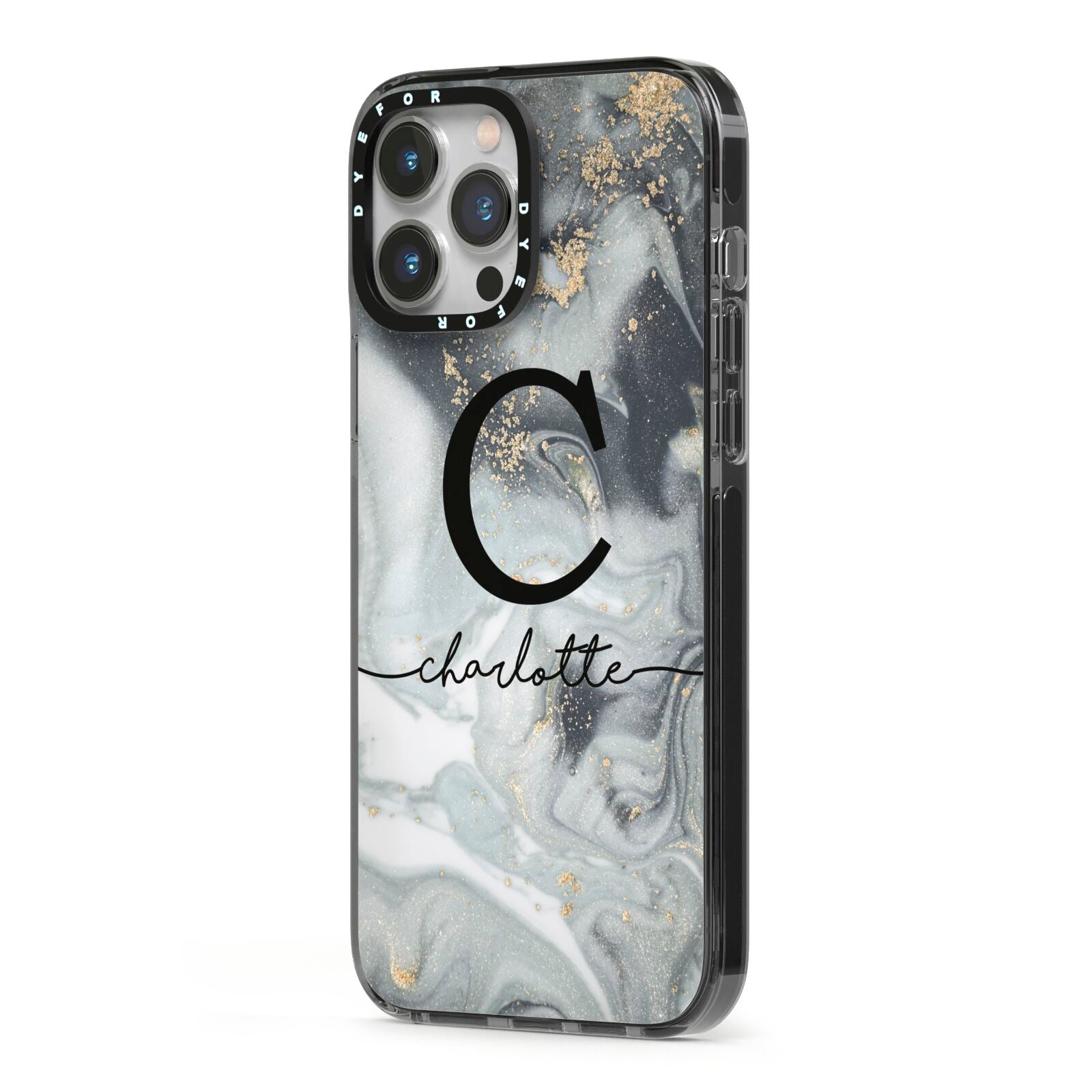Personalised Black Swirl Marble Text iPhone 13 Pro Max Black Impact Case Side Angle on Silver phone