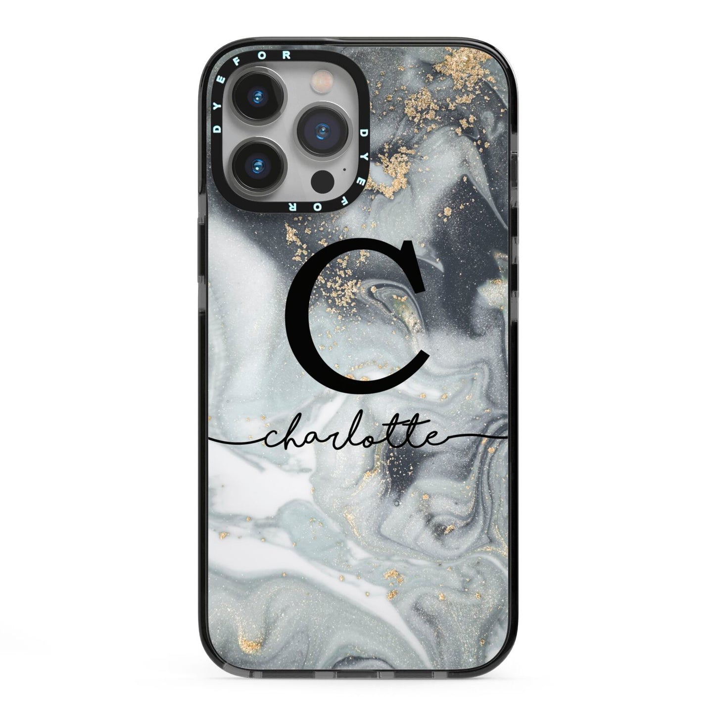 Personalised Black Swirl Marble Text iPhone 13 Pro Max Black Impact Case on Silver phone