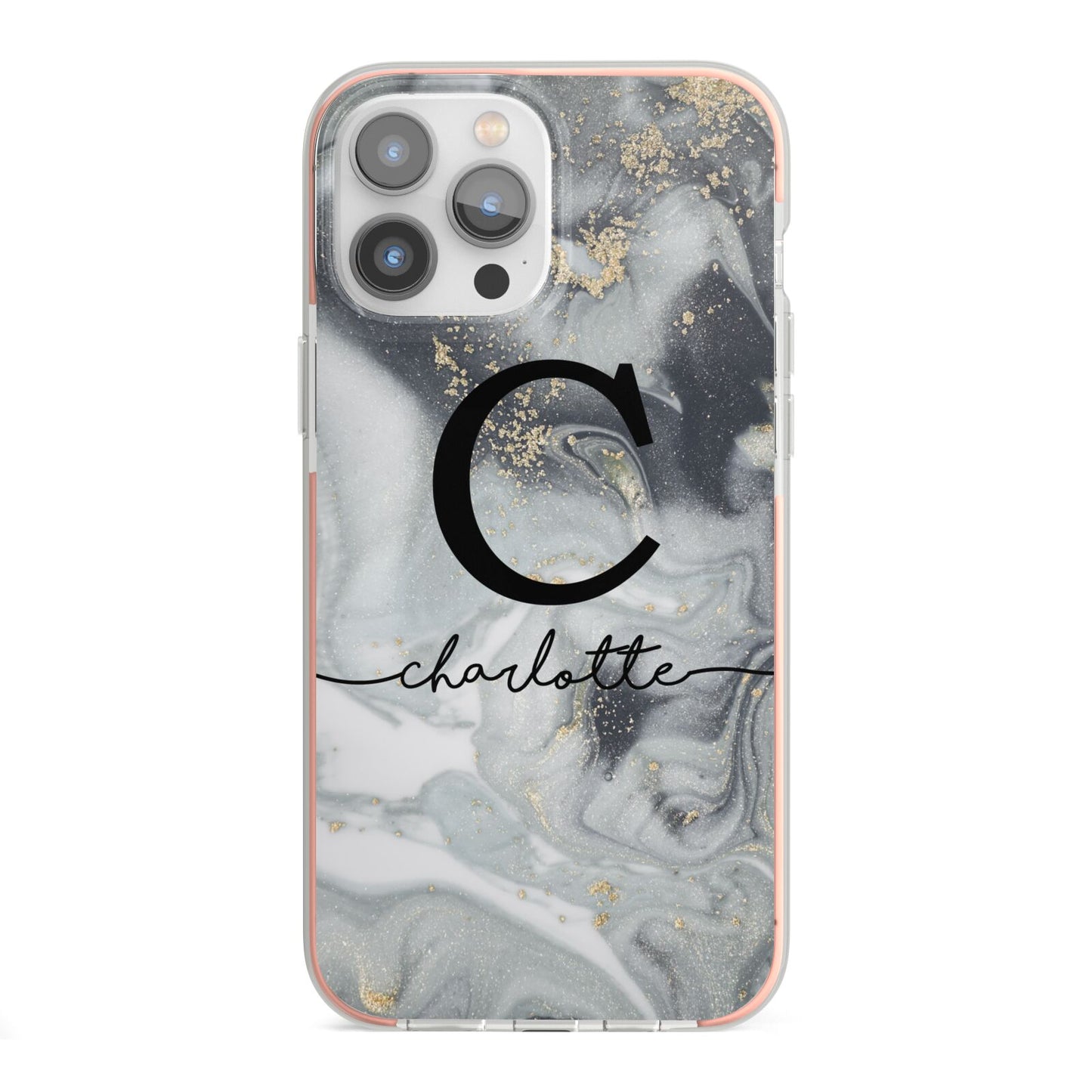 Personalised Black Swirl Marble Text iPhone 13 Pro Max TPU Impact Case with Pink Edges