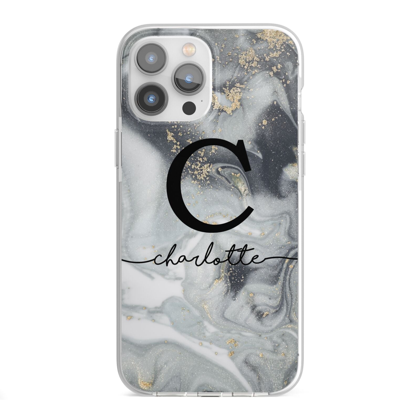 Personalised Black Swirl Marble Text iPhone 13 Pro Max TPU Impact Case with White Edges