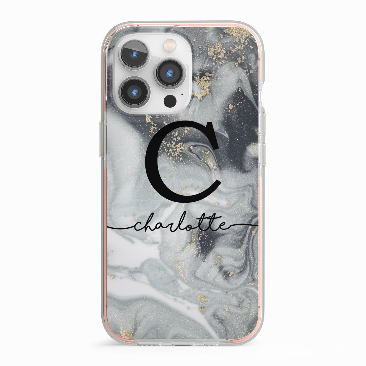 Personalised Black Swirl Marble Text iPhone 13 Pro TPU Impact Case with Pink Edges