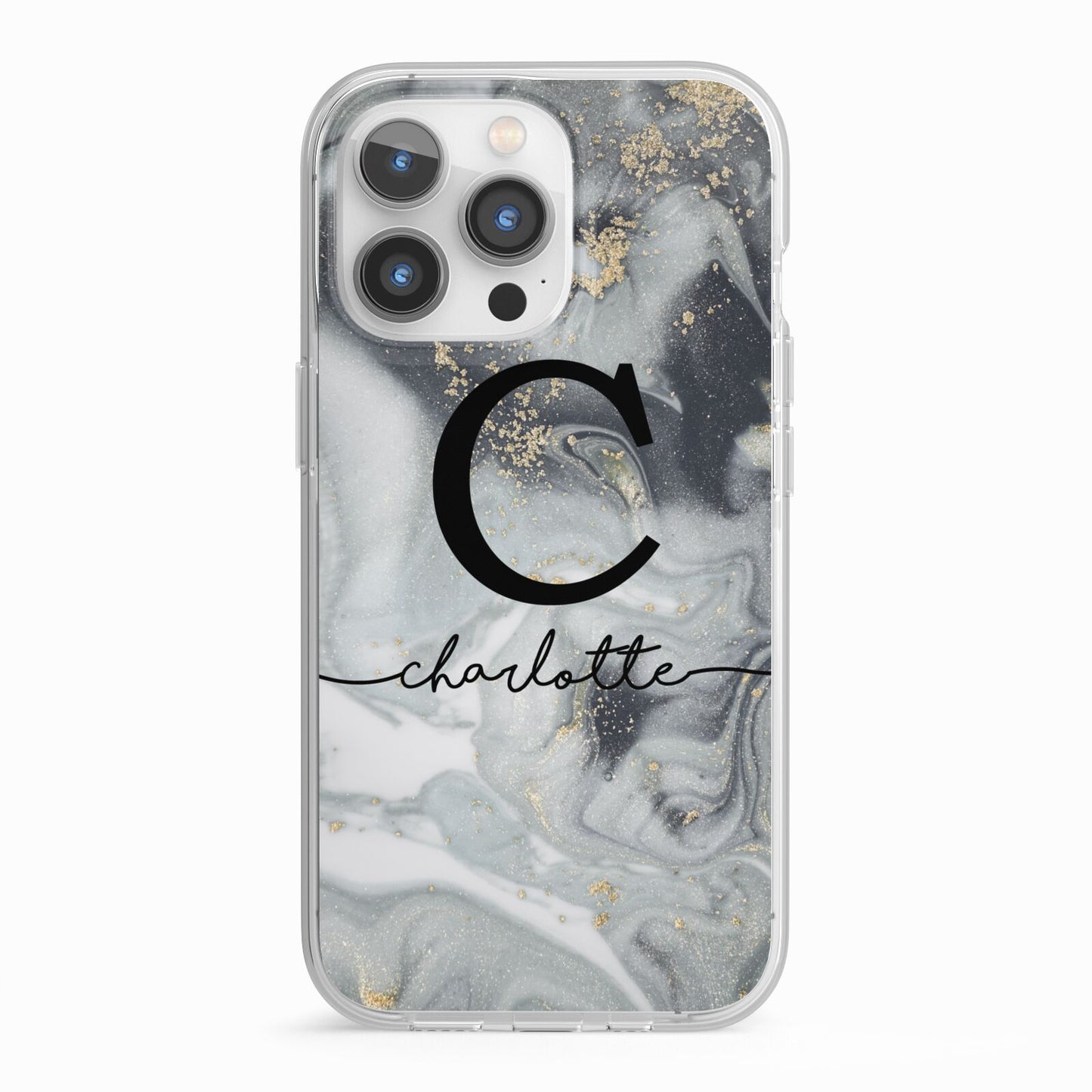 Personalised Black Swirl Marble Text iPhone 13 Pro TPU Impact Case with White Edges