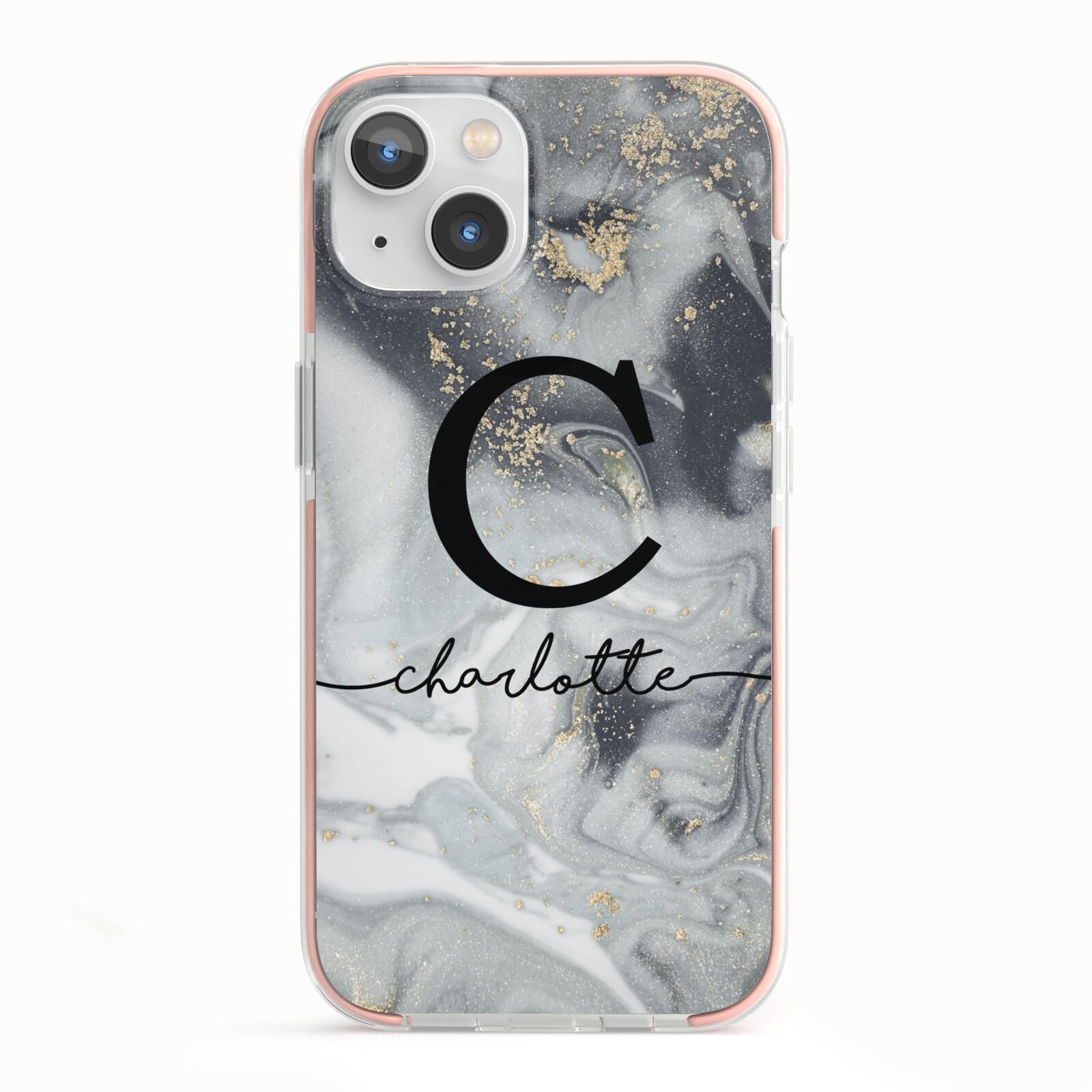 Personalised Black Swirl Marble Text iPhone 13 TPU Impact Case with Pink Edges