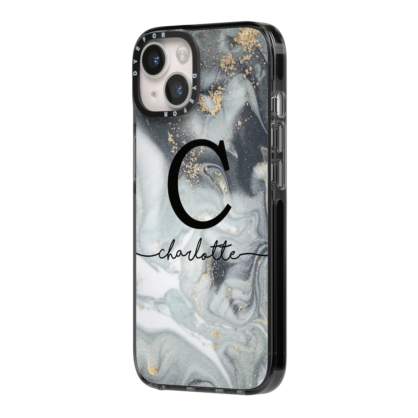 Personalised Black Swirl Marble Text iPhone 14 Black Impact Case Side Angle on Silver phone