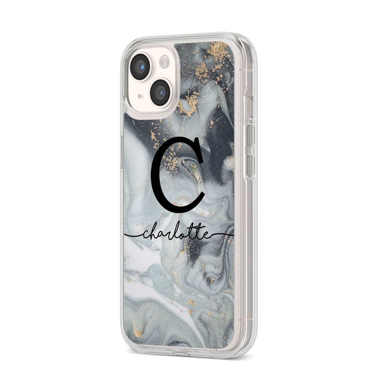 Personalised Black Swirl Marble Text iPhone 14 Clear Tough Case Starlight Angled Image