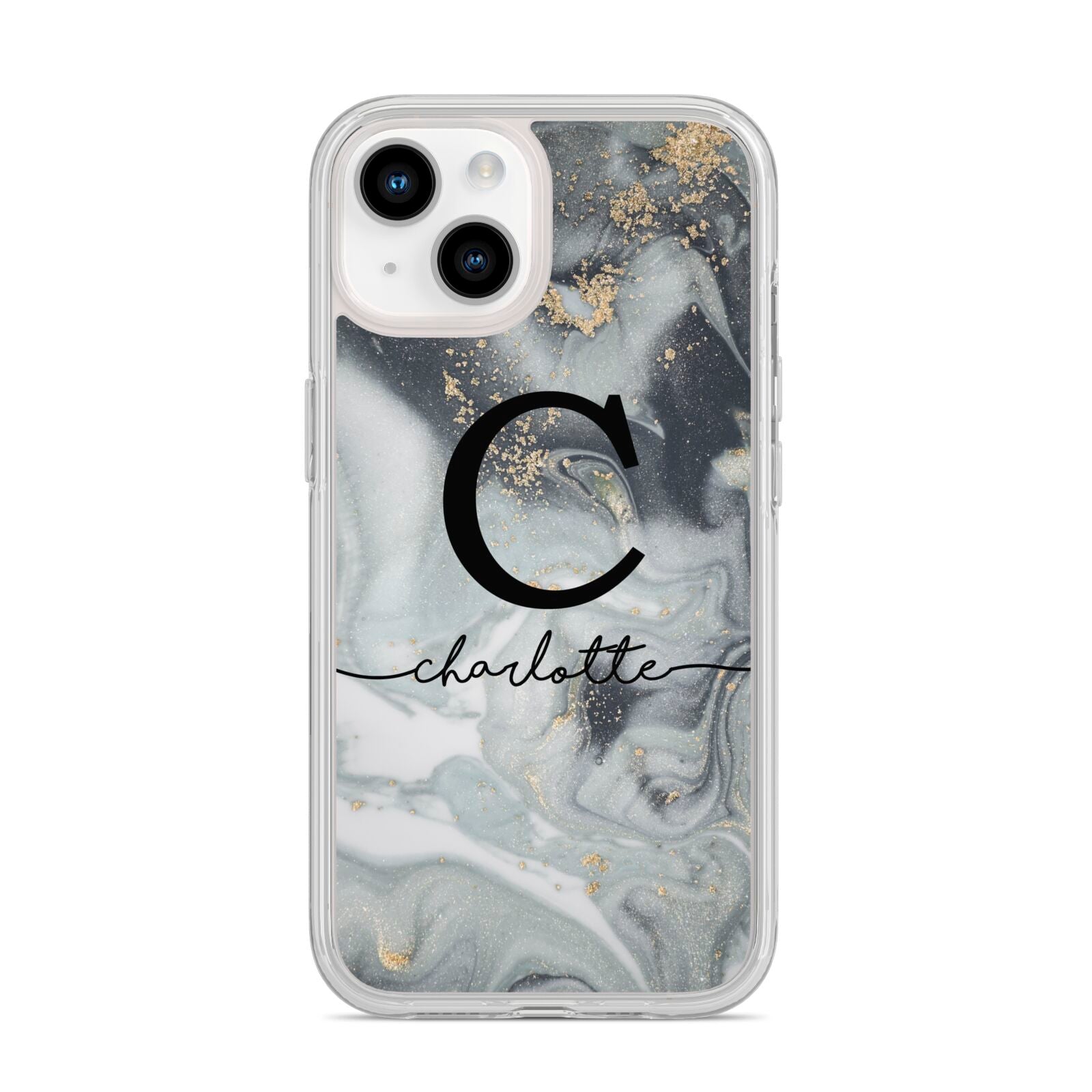 Personalised Black Swirl Marble Text iPhone 14 Clear Tough Case Starlight