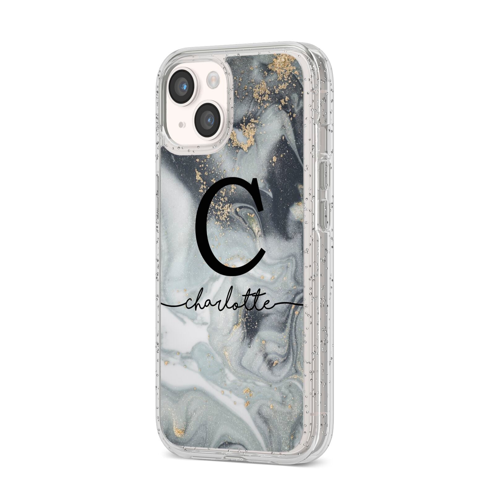 Personalised Black Swirl Marble Text iPhone 14 Glitter Tough Case Starlight Angled Image