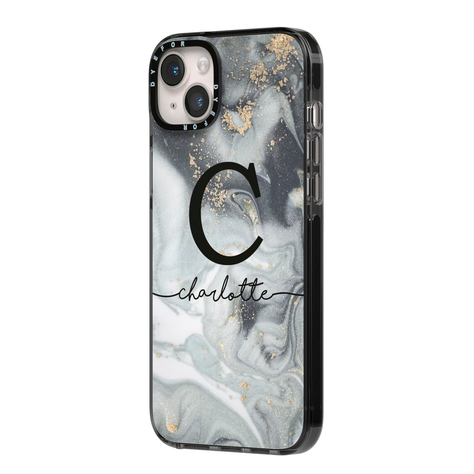 Personalised Black Swirl Marble Text iPhone 14 Plus Black Impact Case Side Angle on Silver phone
