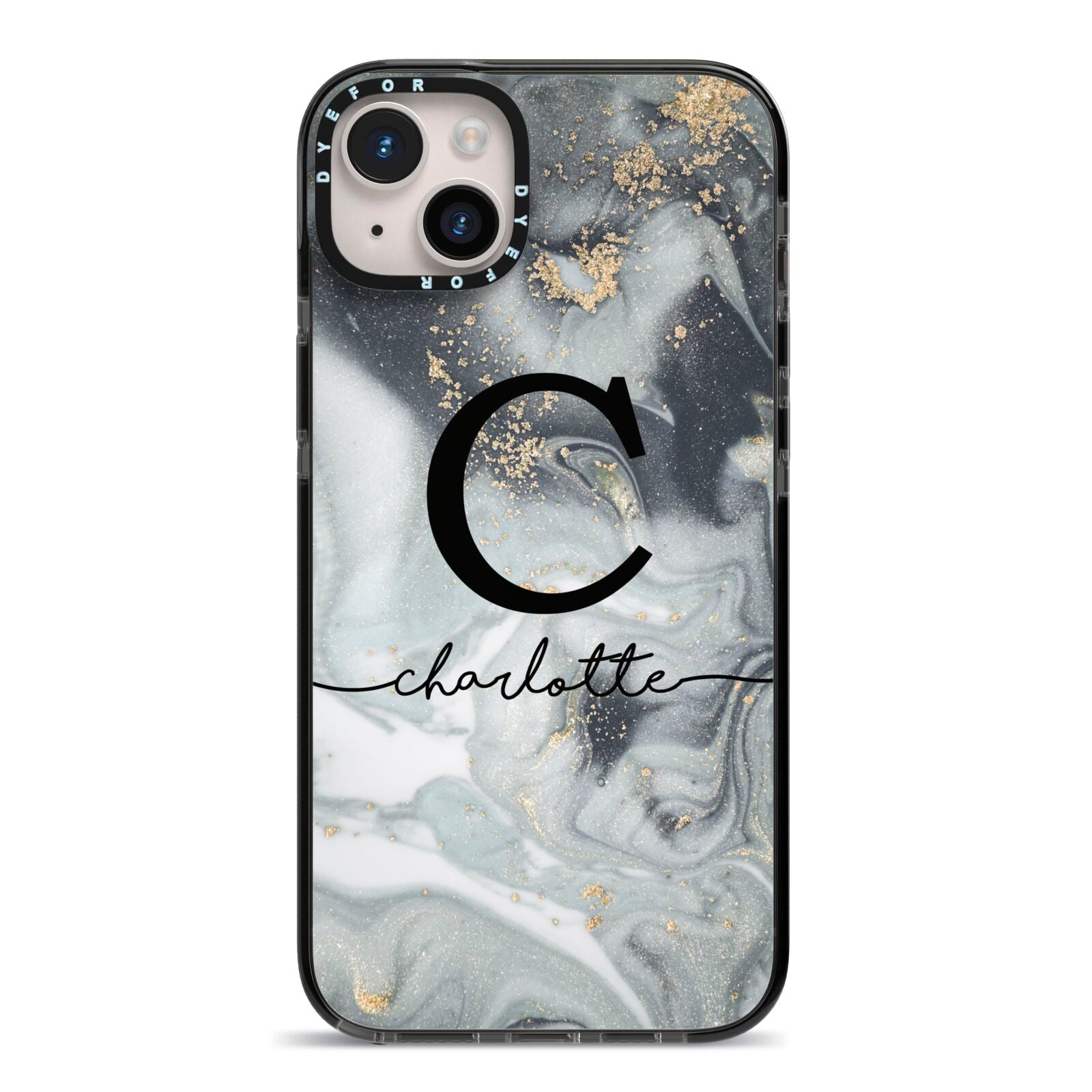 Personalised Black Swirl Marble Text iPhone 14 Plus Black Impact Case on Silver phone