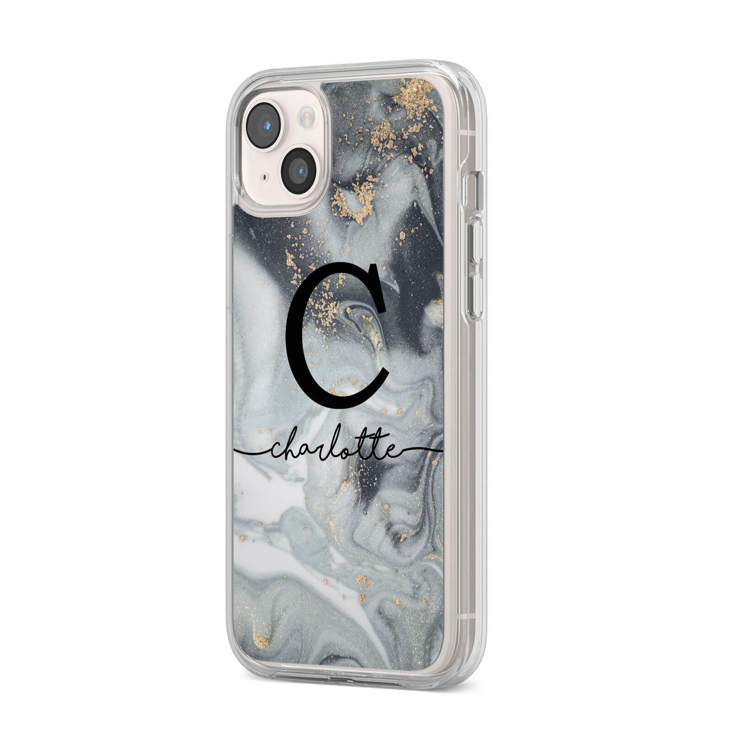 Personalised Black Swirl Marble Text iPhone 14 Plus Clear Tough Case Starlight Angled Image