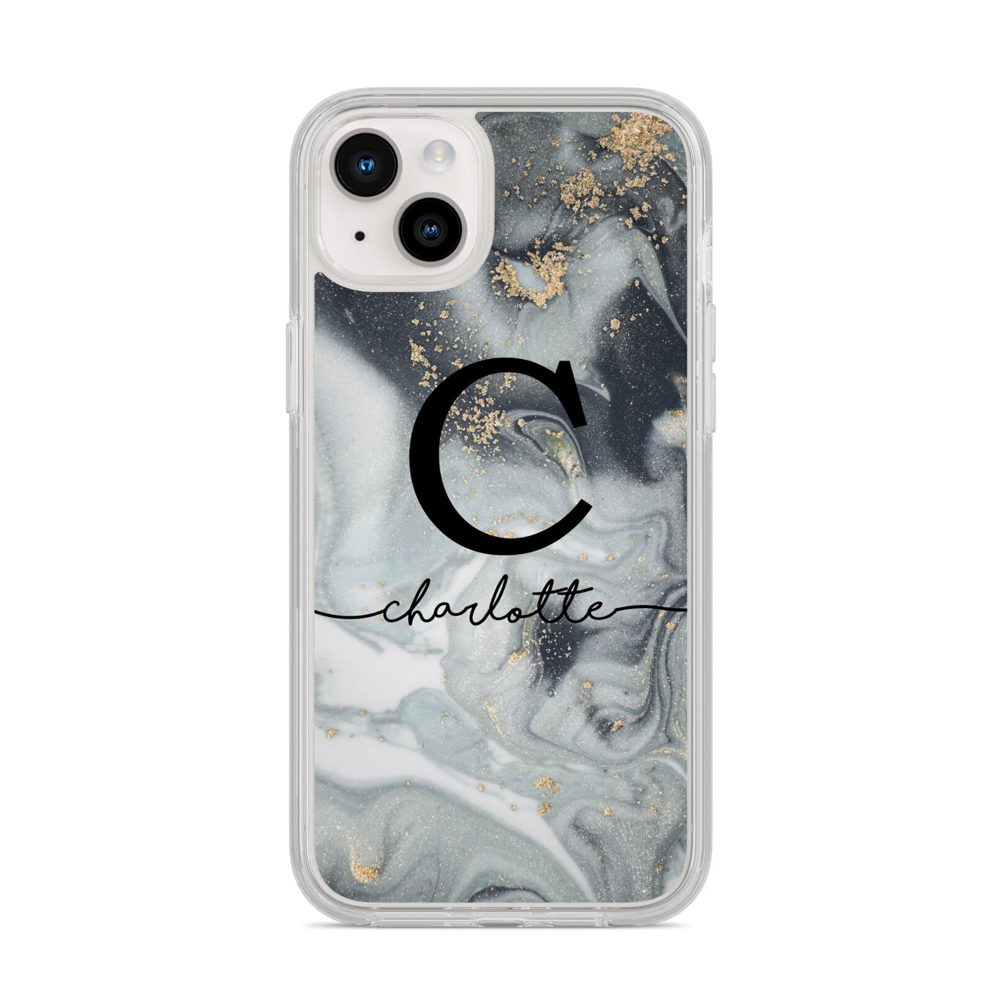 Personalised Black Swirl Marble Text iPhone 14 Plus Clear Tough Case Starlight