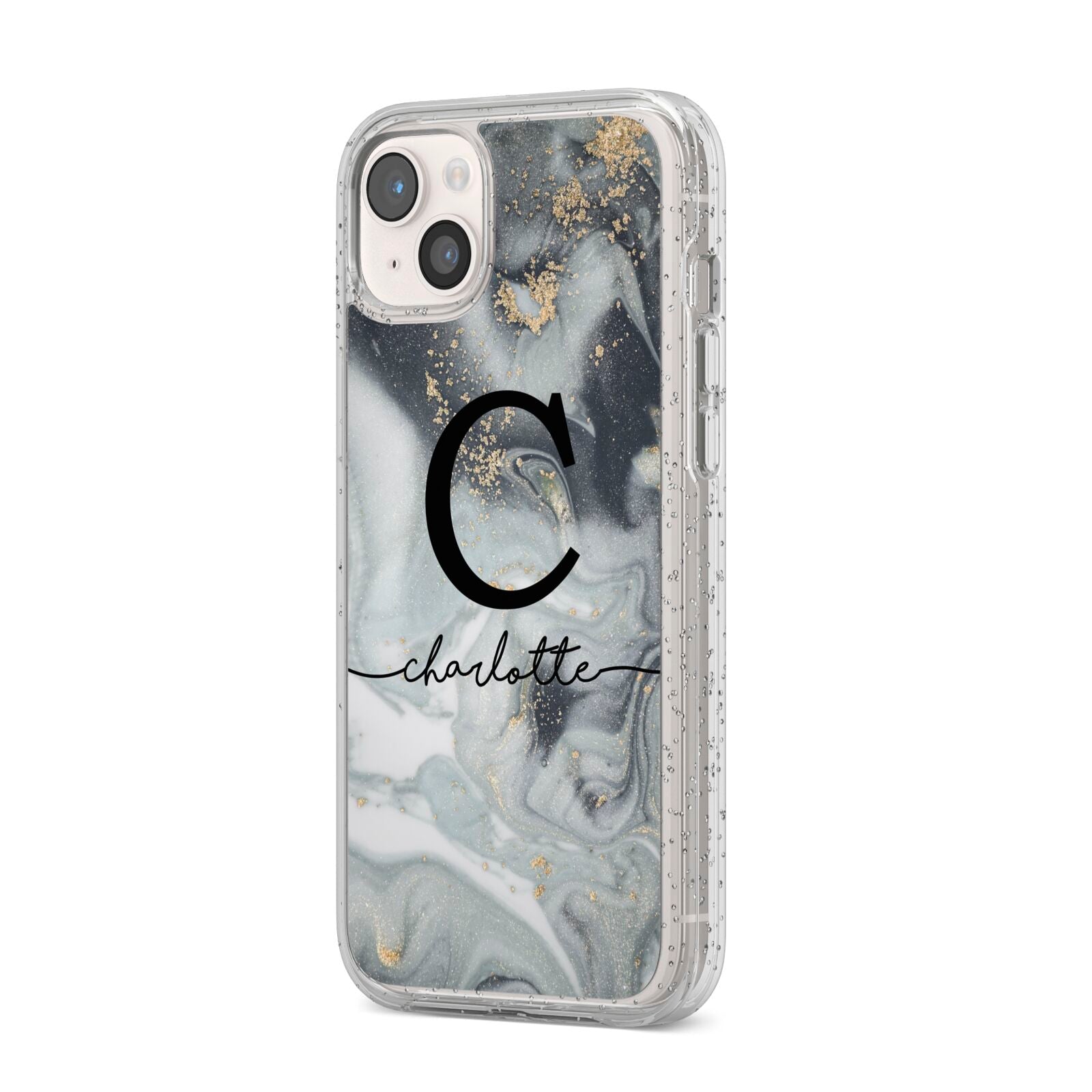 Personalised Black Swirl Marble Text iPhone 14 Plus Glitter Tough Case Starlight Angled Image