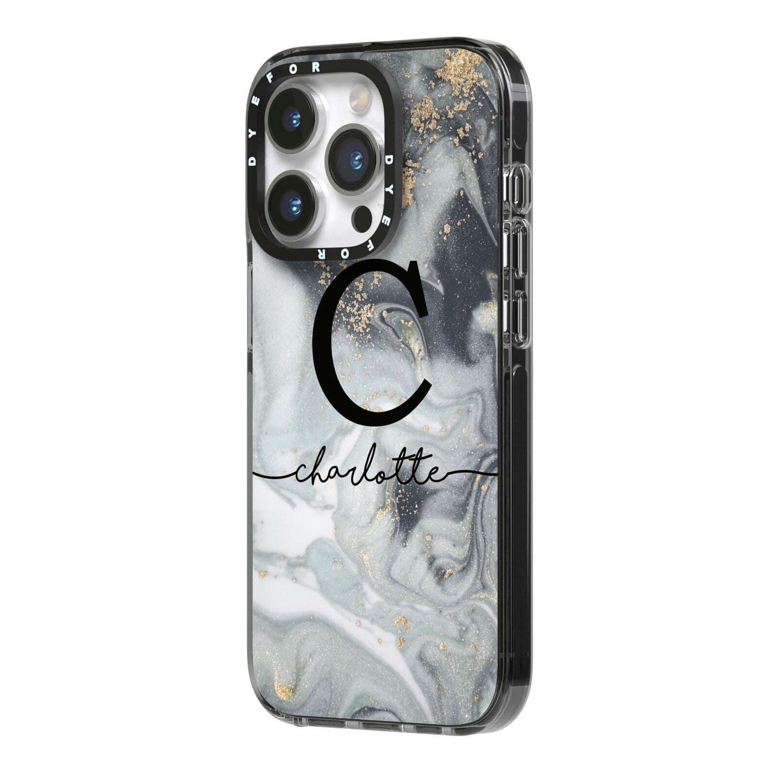 Personalised Black Swirl Marble Text iPhone 14 Pro Black Impact Case Side Angle on Silver phone