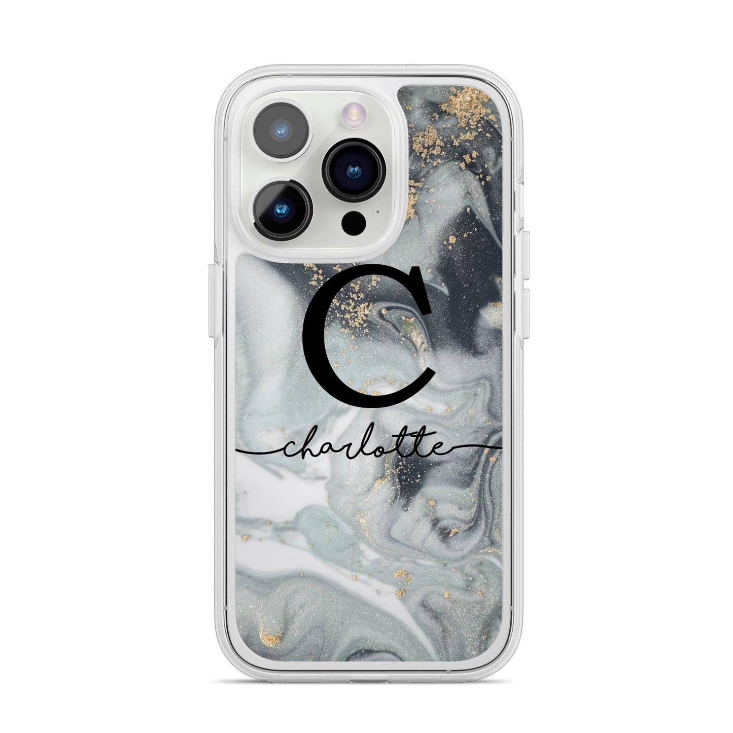 Personalised Black Swirl Marble Text iPhone 14 Pro Clear Tough Case Silver