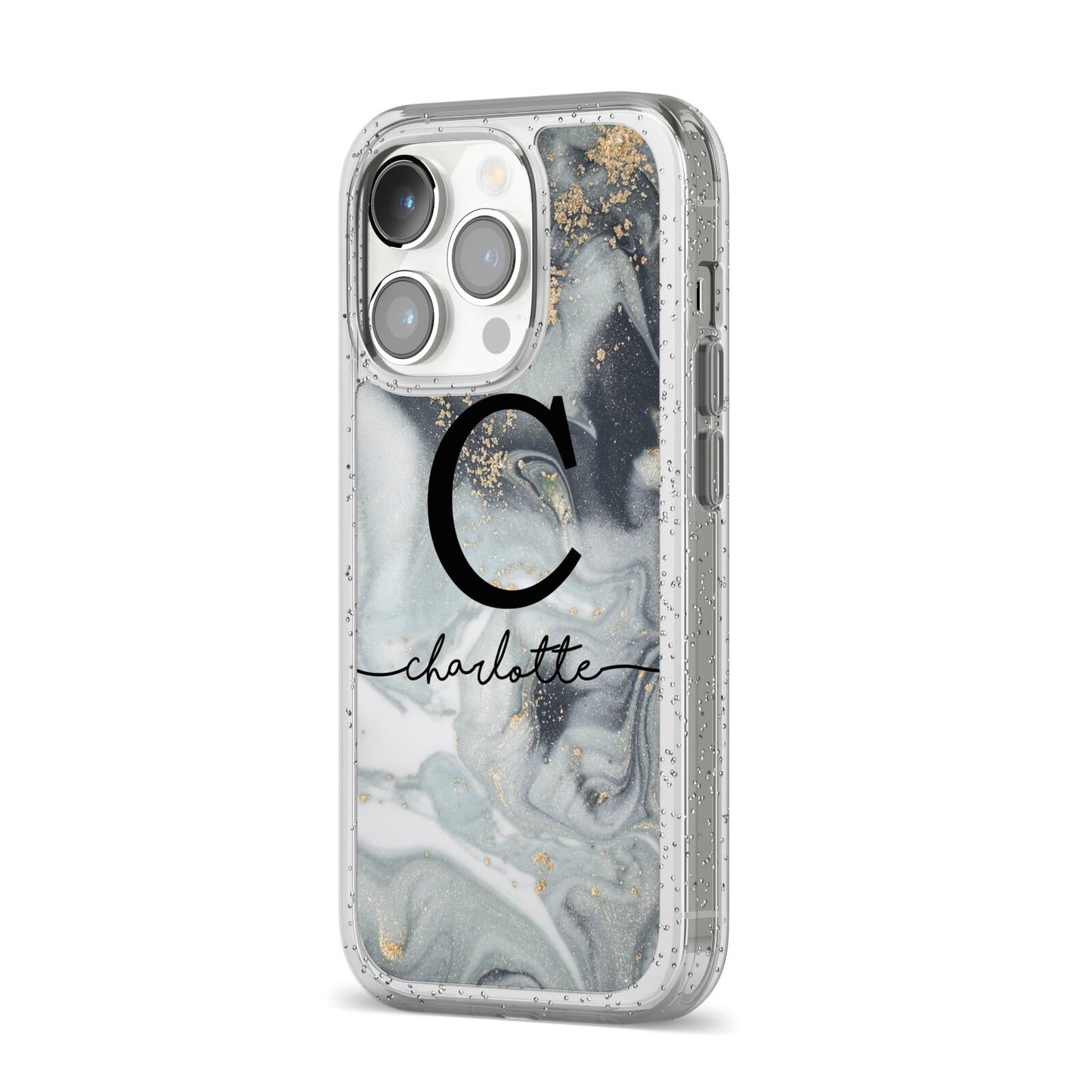 Personalised Black Swirl Marble Text iPhone 14 Pro Glitter Tough Case Silver Angled Image