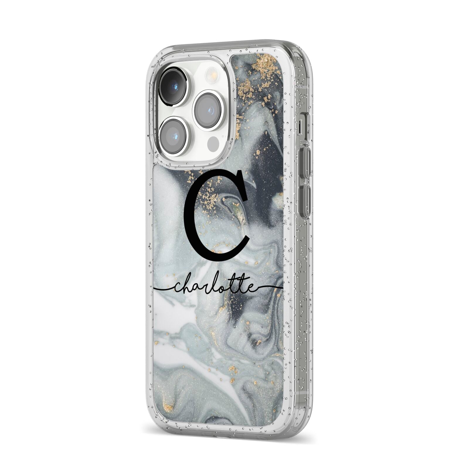 Personalised Black Swirl Marble Text iPhone 14 Pro Glitter Tough Case Silver Angled Image