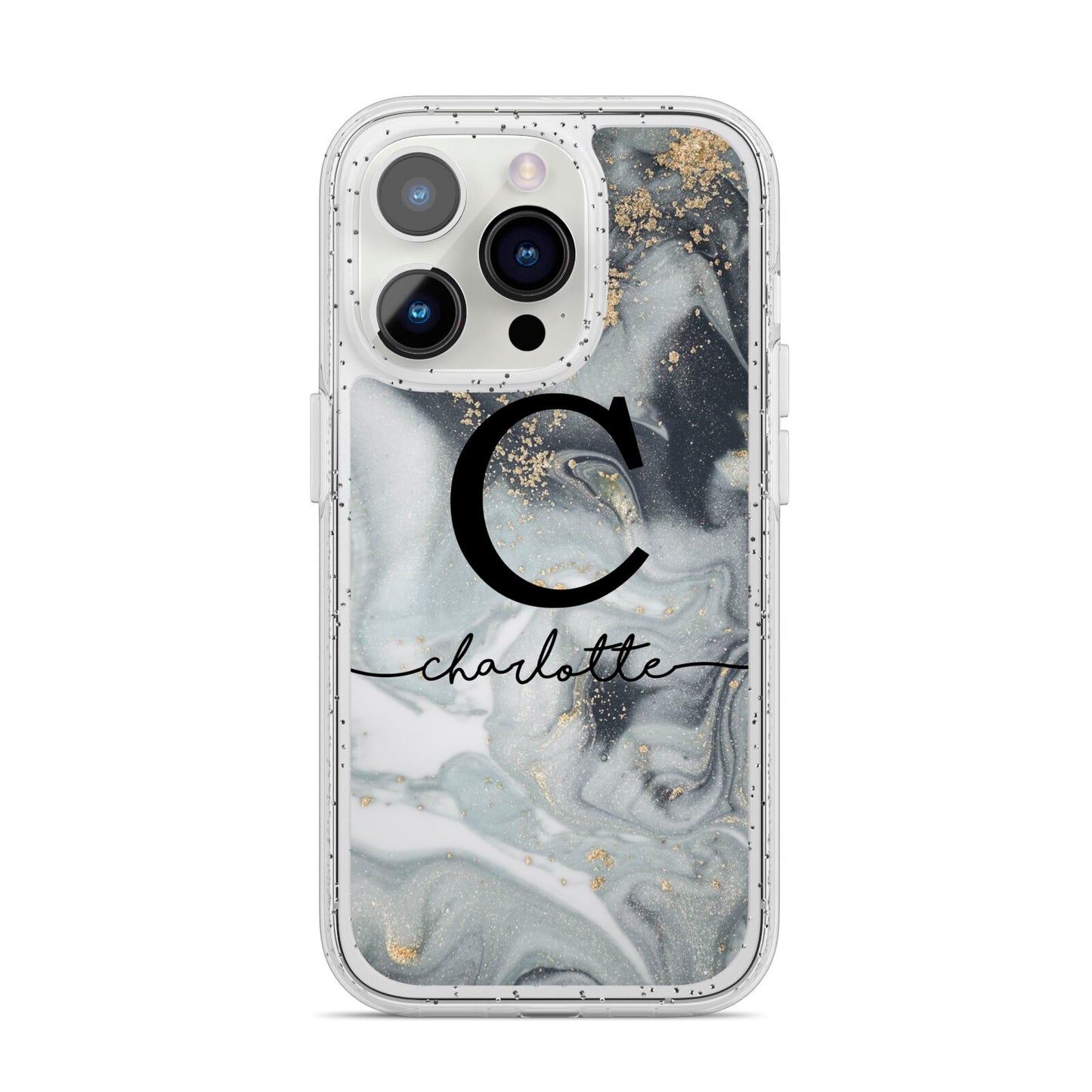 Personalised Black Swirl Marble Text iPhone 14 Pro Glitter Tough Case Silver