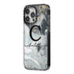 Personalised Black Swirl Marble Text iPhone 14 Pro Max Black Impact Case Side Angle on Silver phone
