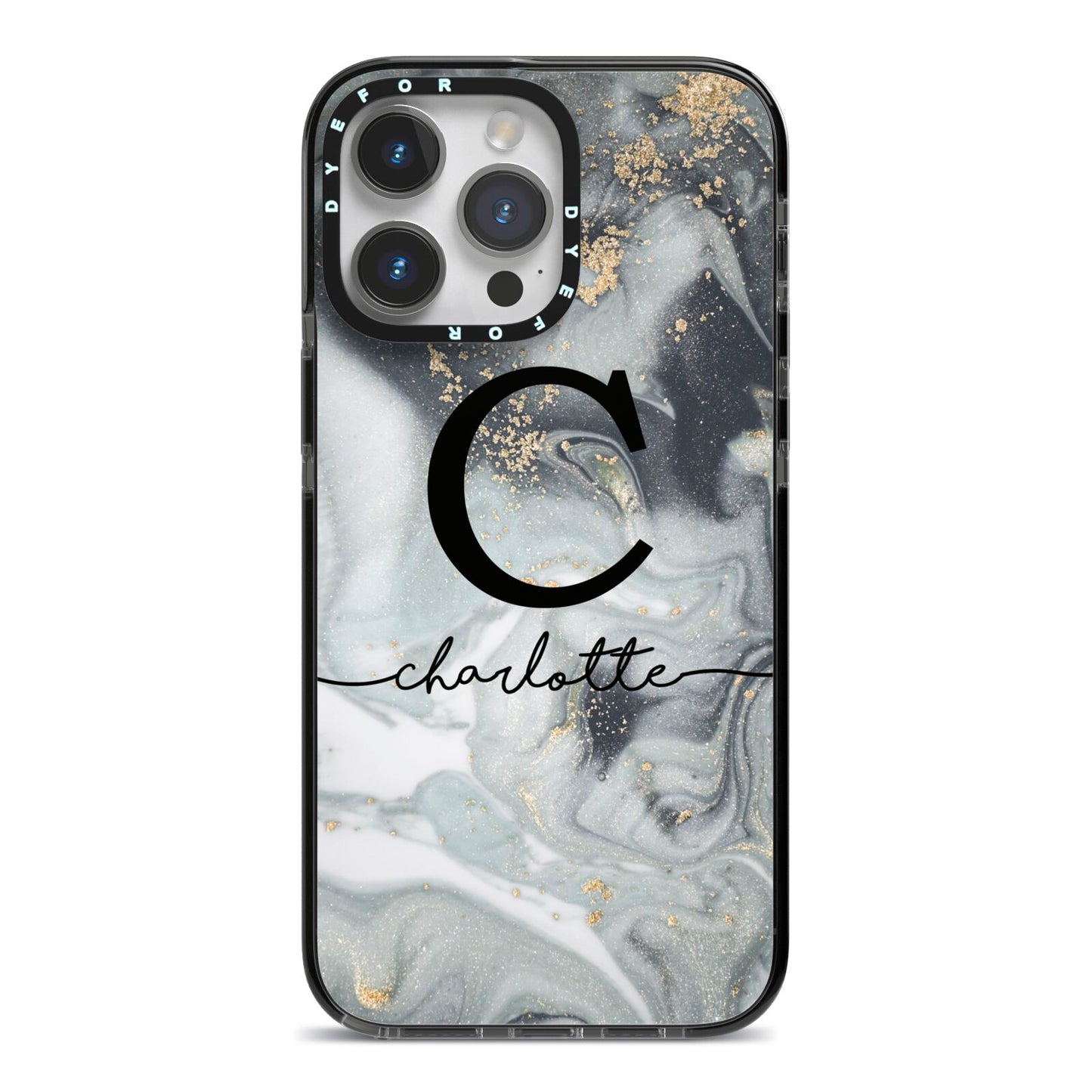 Personalised Black Swirl Marble Text iPhone 14 Pro Max Black Impact Case on Silver phone