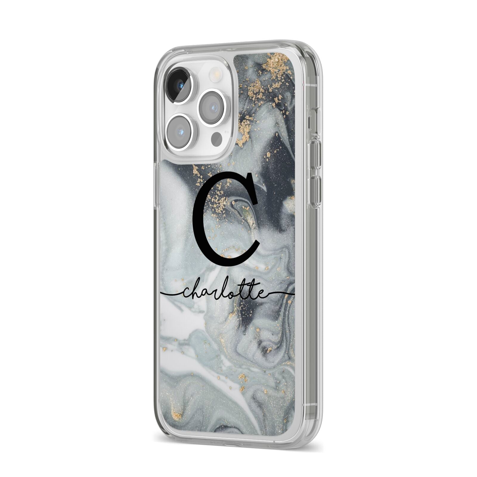 Personalised Black Swirl Marble Text iPhone 14 Pro Max Clear Tough Case Silver Angled Image