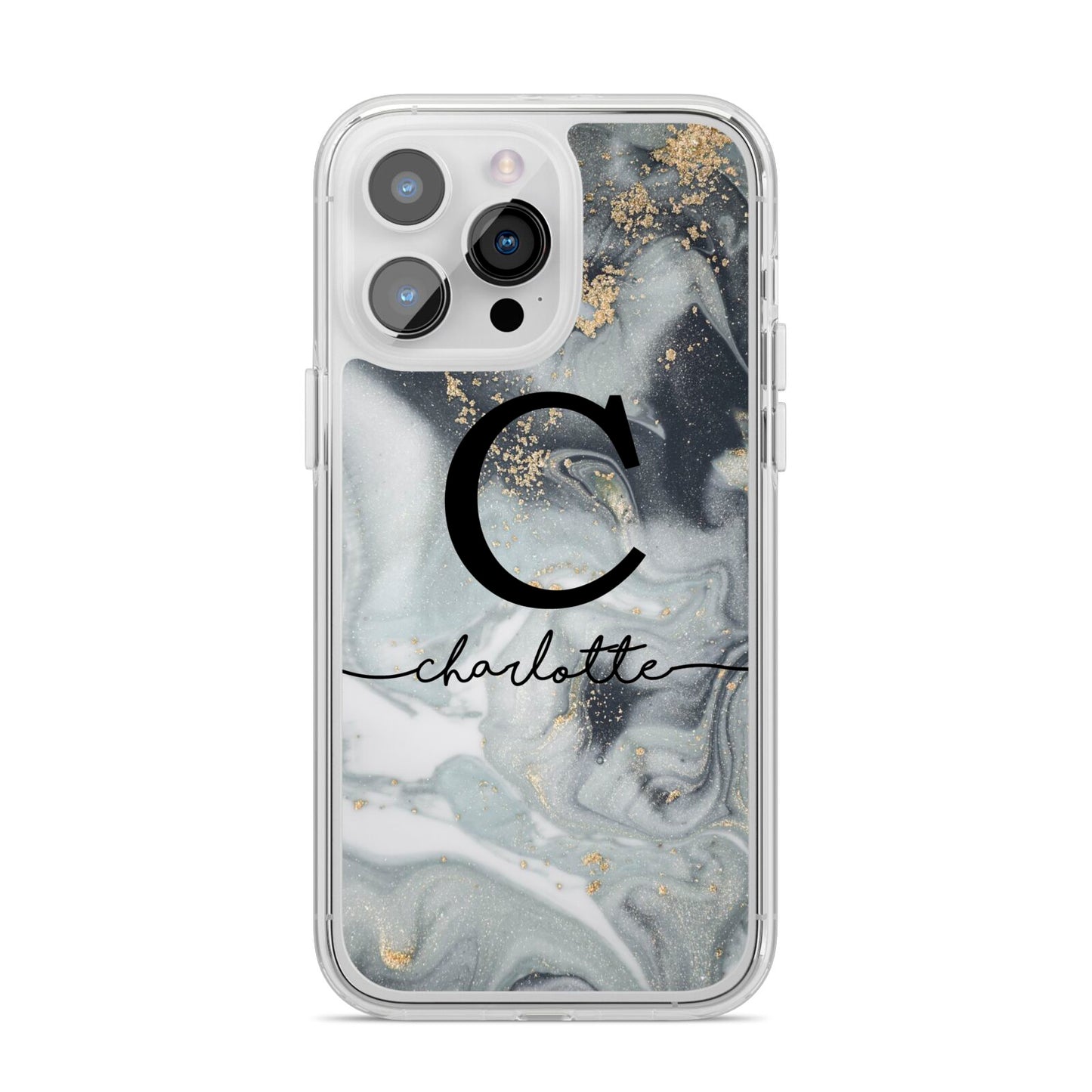 Personalised Black Swirl Marble Text iPhone 14 Pro Max Clear Tough Case Silver