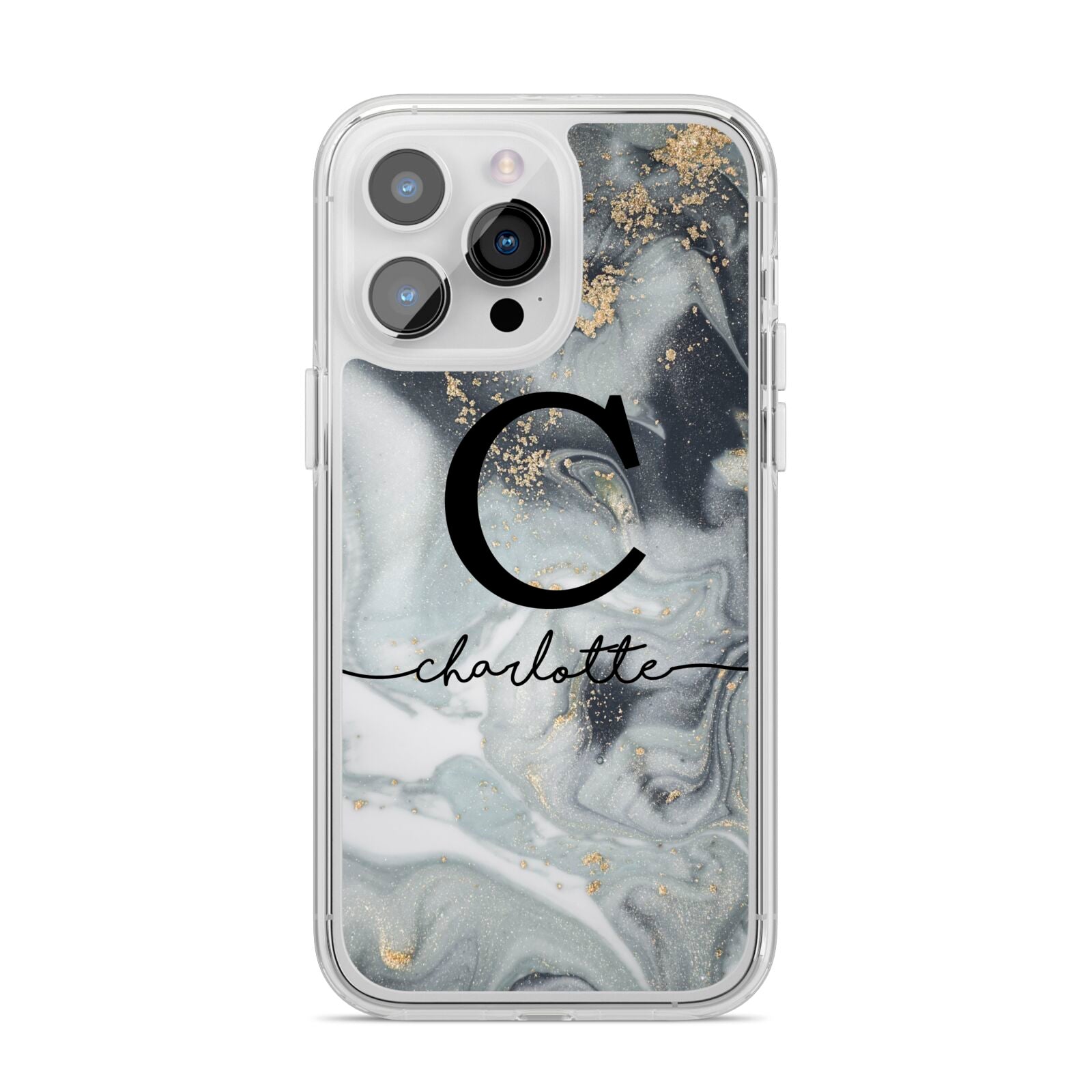 Personalised Black Swirl Marble Text iPhone 14 Pro Max Clear Tough Case Silver