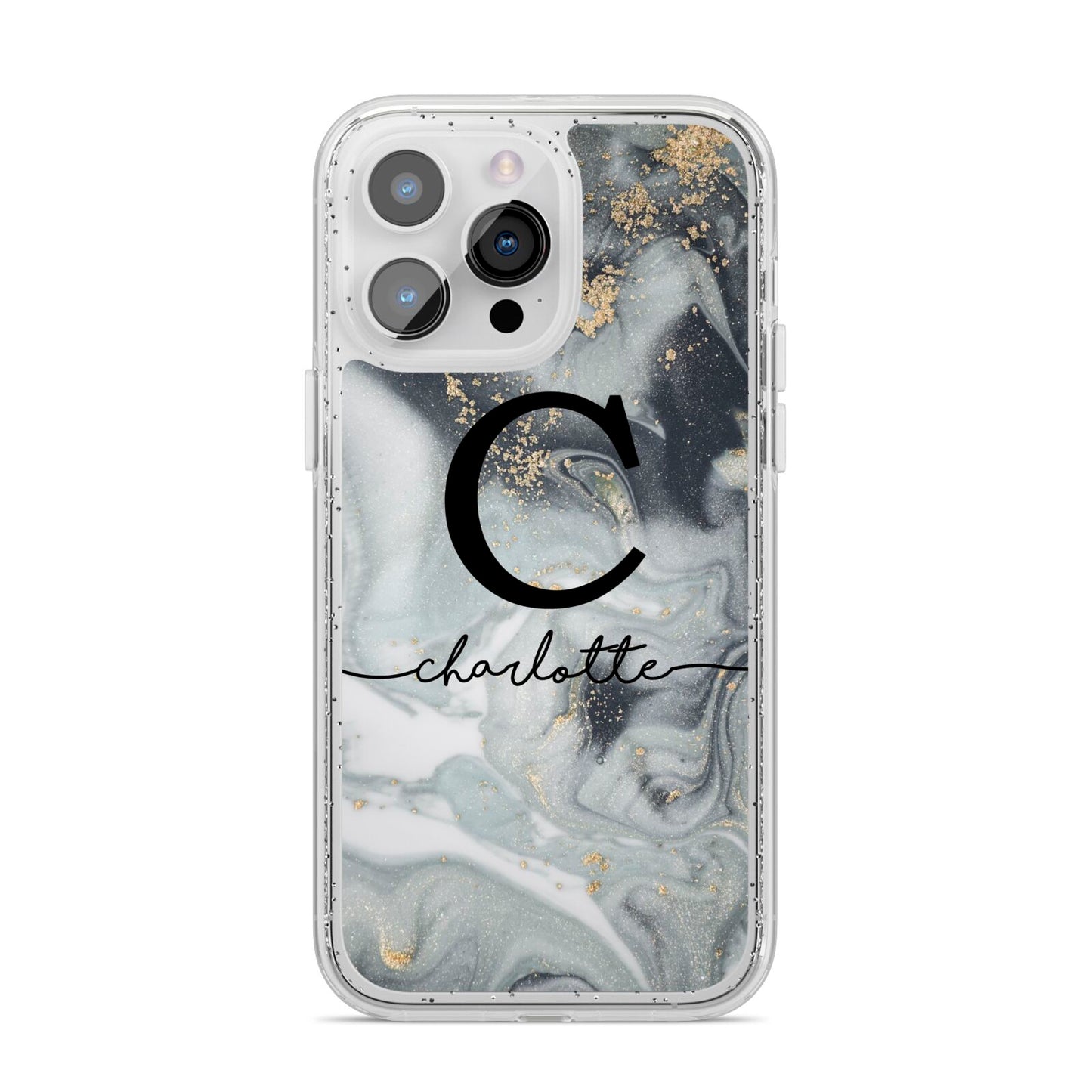Personalised Black Swirl Marble Text iPhone 14 Pro Max Glitter Tough Case Silver