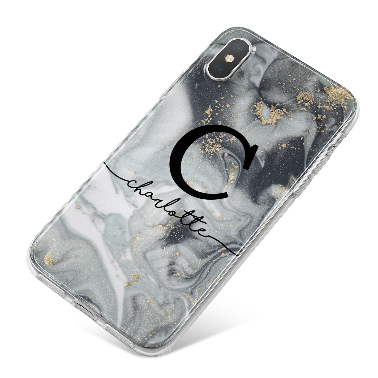 Personalised Black Swirl Marble Text iPhone X Bumper Case on Silver iPhone