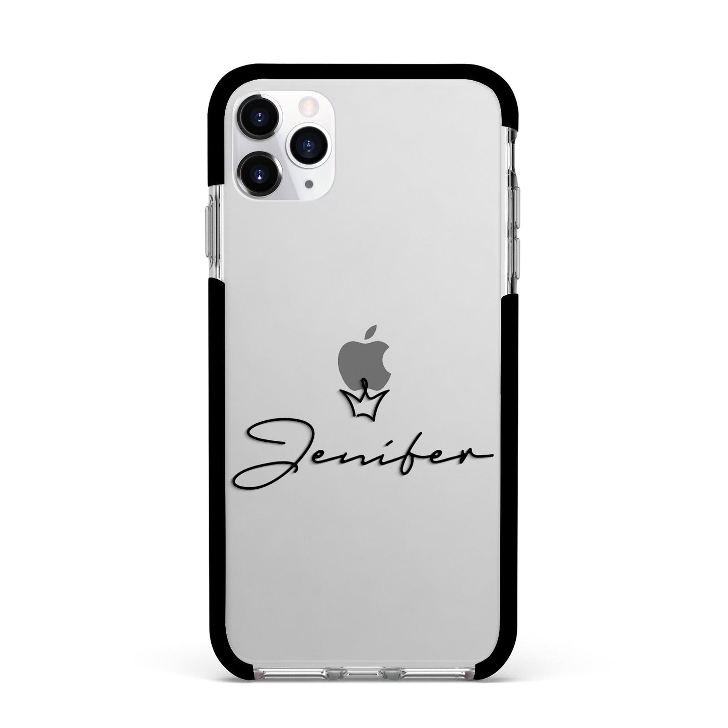 Personalised Black Text Transparent Apple iPhone 11 Pro Max in Silver with Black Impact Case
