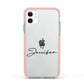 Personalised Black Text Transparent Apple iPhone 11 in White with Pink Impact Case