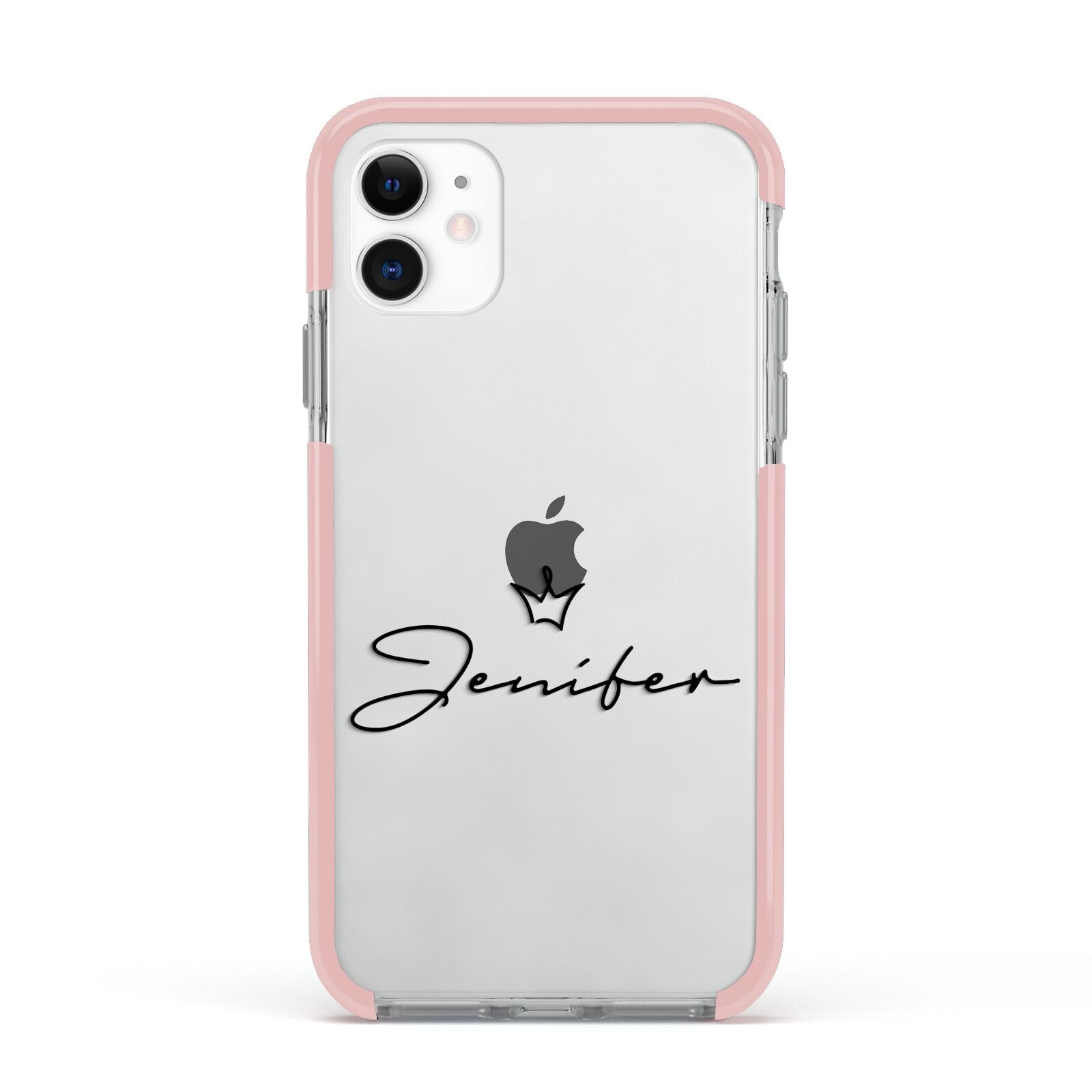 Personalised Black Text Transparent Apple iPhone 11 in White with Pink Impact Case