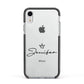 Personalised Black Text Transparent Apple iPhone XR Impact Case Black Edge on Silver Phone