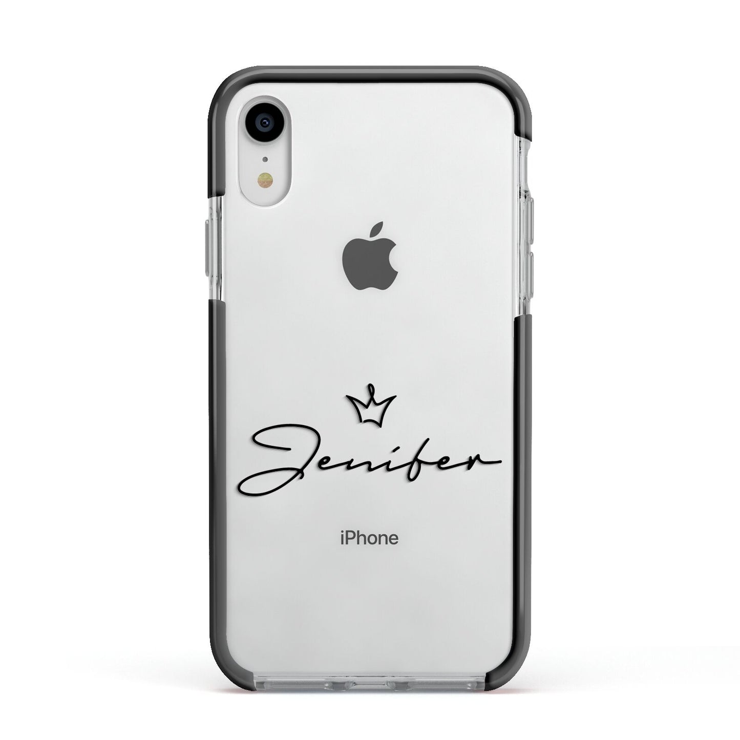 Personalised Black Text Transparent Apple iPhone XR Impact Case Black Edge on Silver Phone