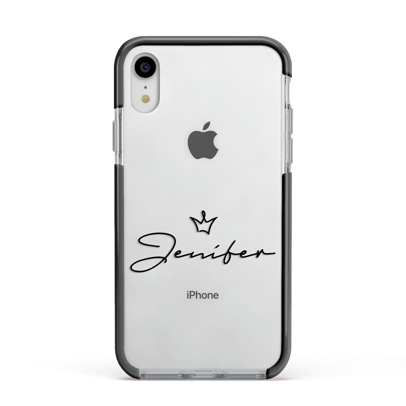 Personalised Black Text Transparent Apple iPhone XR Impact Case Black Edge on Silver Phone